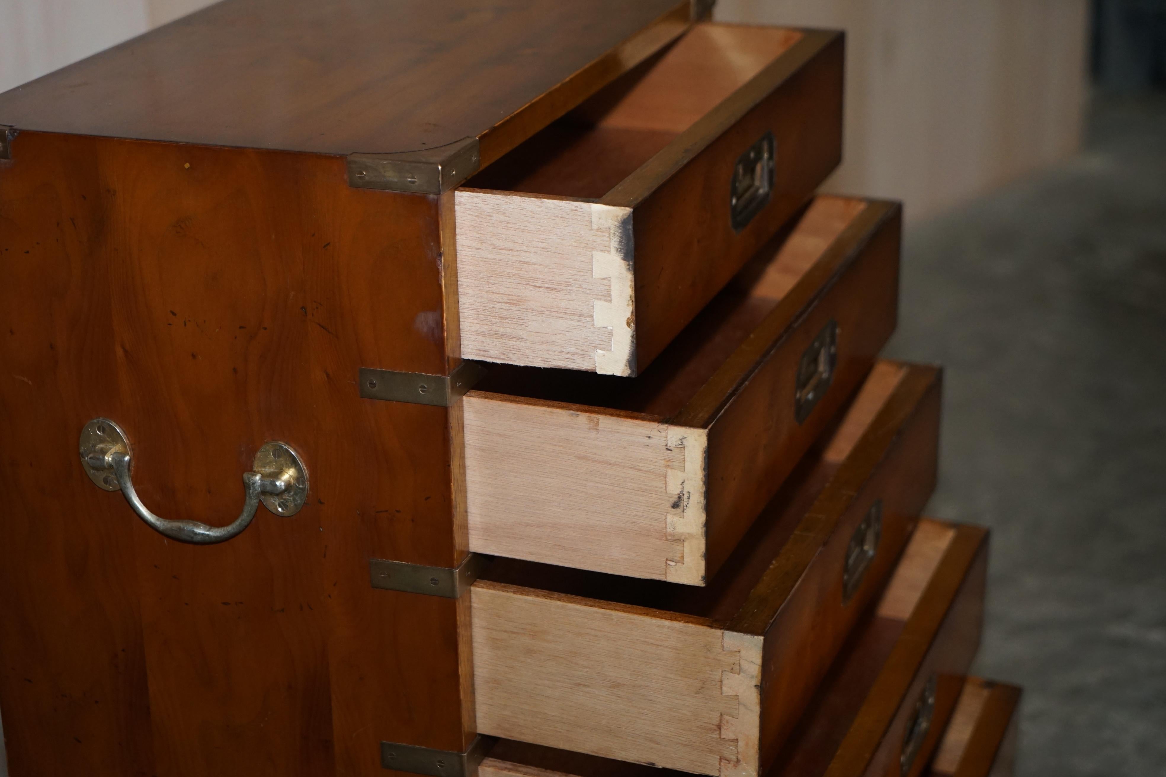 Military Campaign Style Vintage Burr Walnut Side Table Sized Chest of Drawers For Sale 9