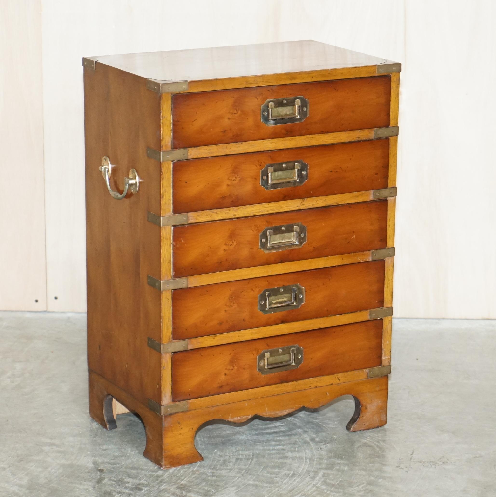 We are delighted to offer for sale this lovely vintage Burr Walnut Military Campaign style, side table sized chest of drawers.

A very good looking and well made piece, the timber patina is lovely, its rare to find one this size with the side