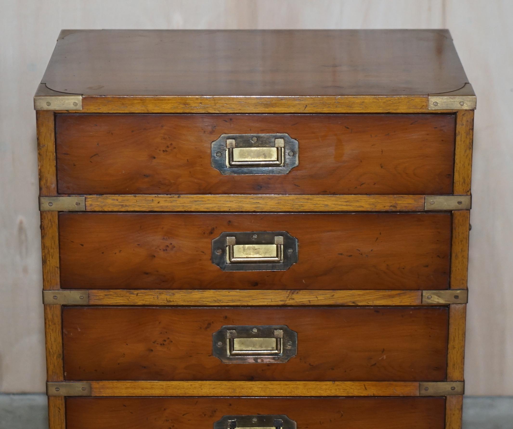 English Military Campaign Style Vintage Burr Walnut Side Table Sized Chest of Drawers For Sale