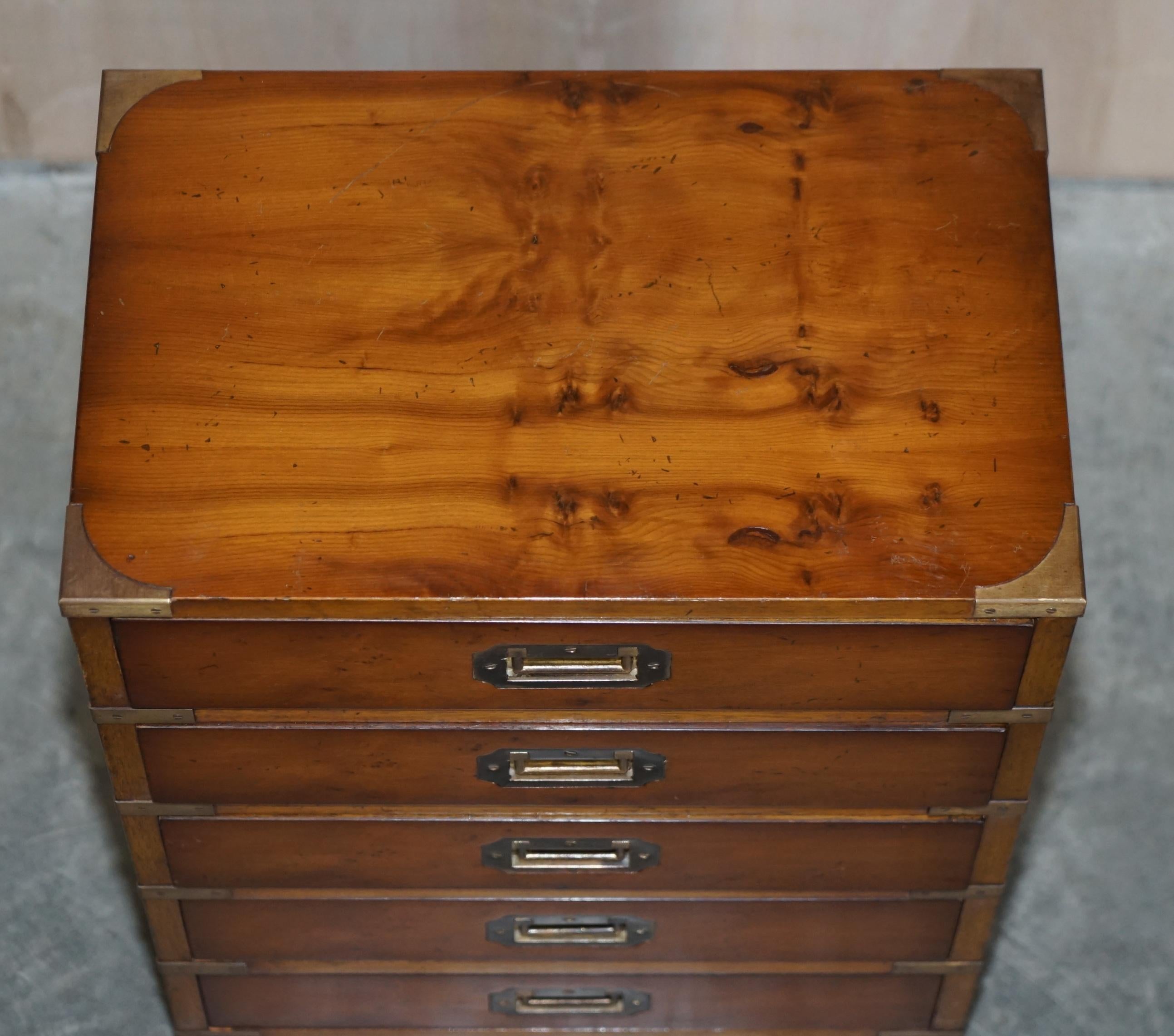 20th Century Military Campaign Style Vintage Burr Walnut Side Table Sized Chest of Drawers For Sale