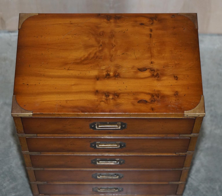 Brass Military Campaign Style Vintage Burr Walnut Side Table Sized Chest of Drawers For Sale