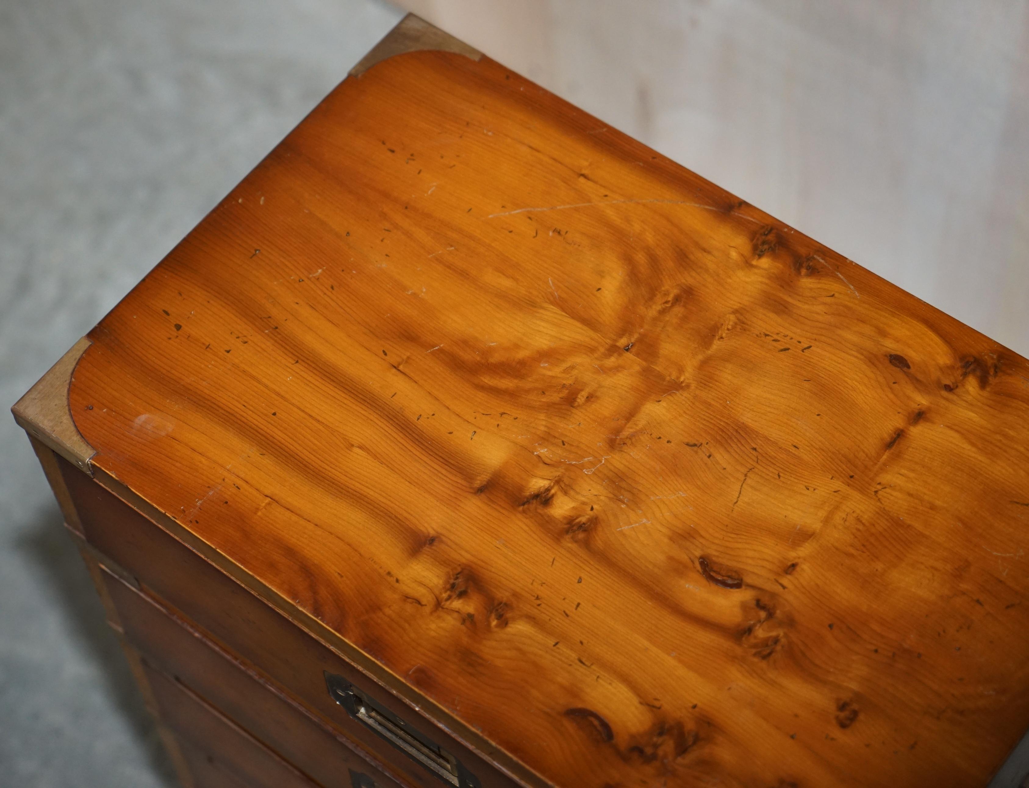 Brass Military Campaign Style Vintage Burr Walnut Side Table Sized Chest of Drawers For Sale