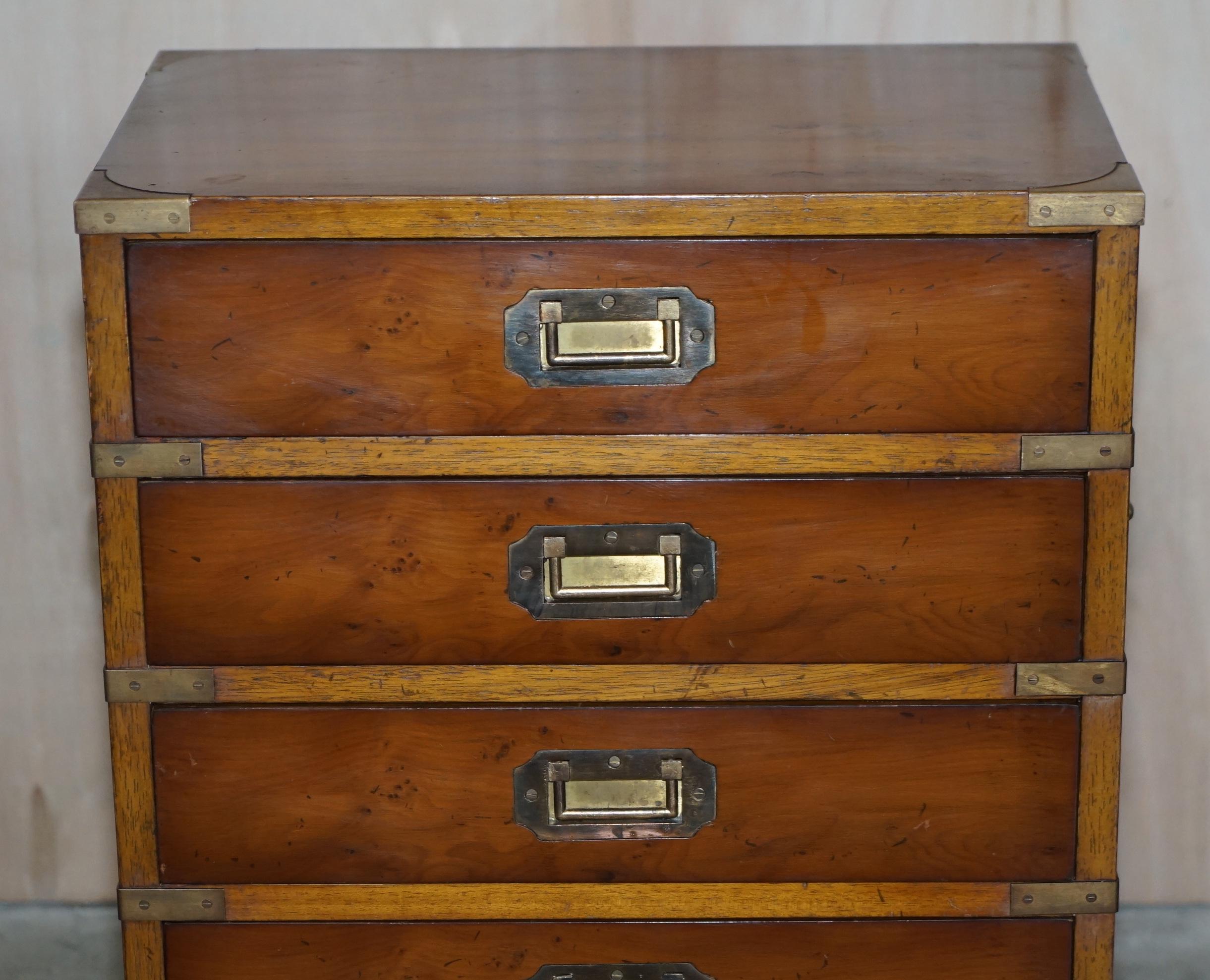 Military Campaign Style Vintage Burr Walnut Side Table Sized Chest of Drawers For Sale 2