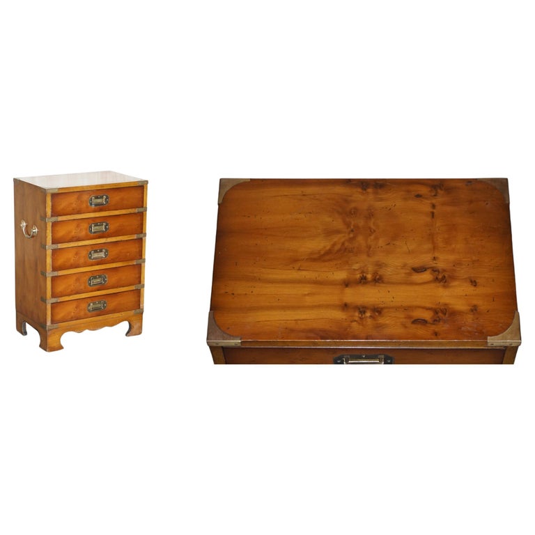 Military Campaign Style Vintage Burr Walnut Side Table Sized Chest of Drawers For Sale