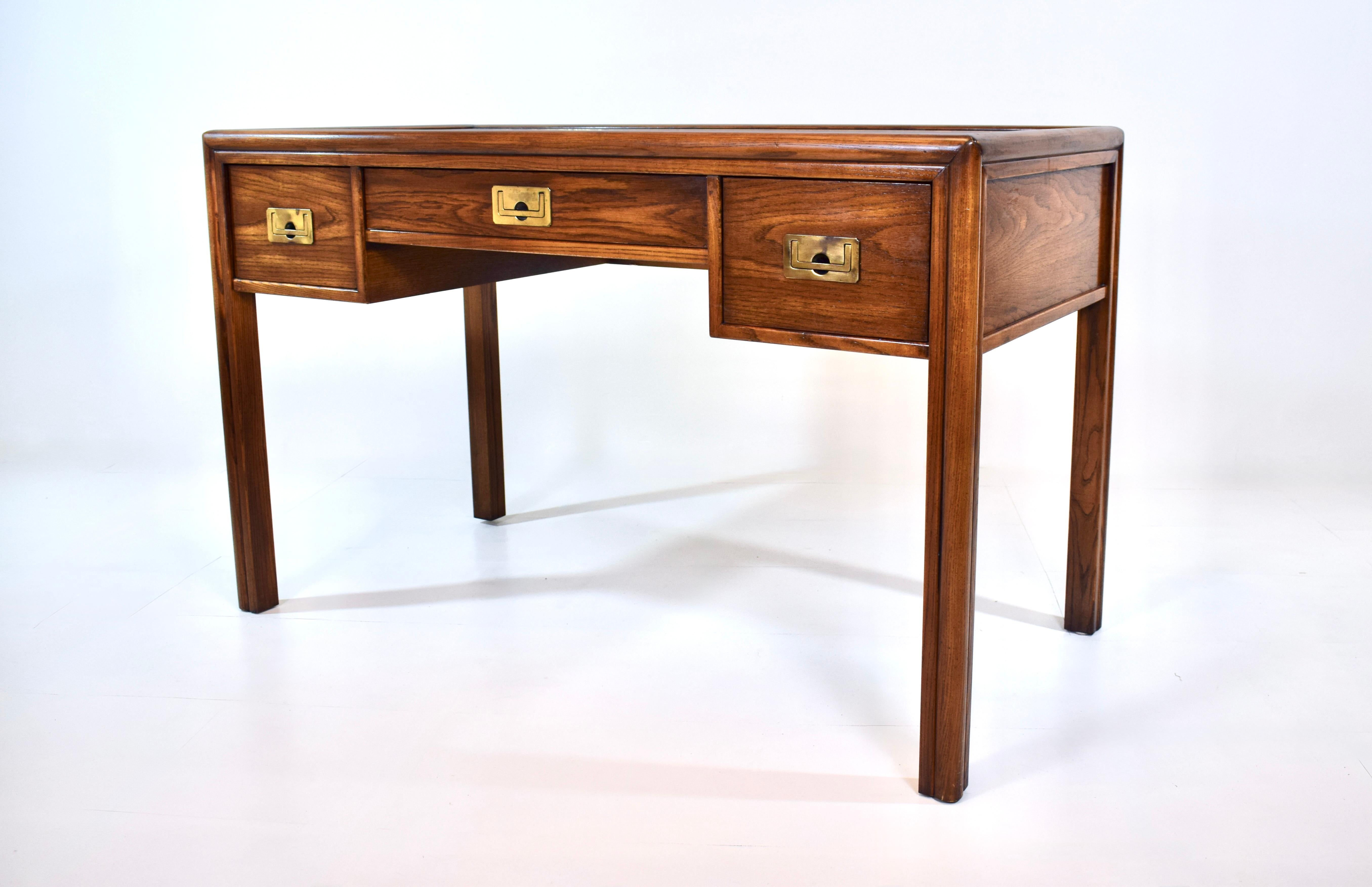 Handsome antique military style campaign desk / writing table with three drawers, gorgeous wood grains & brass inlay top. Versatile mid size dimensions at 50