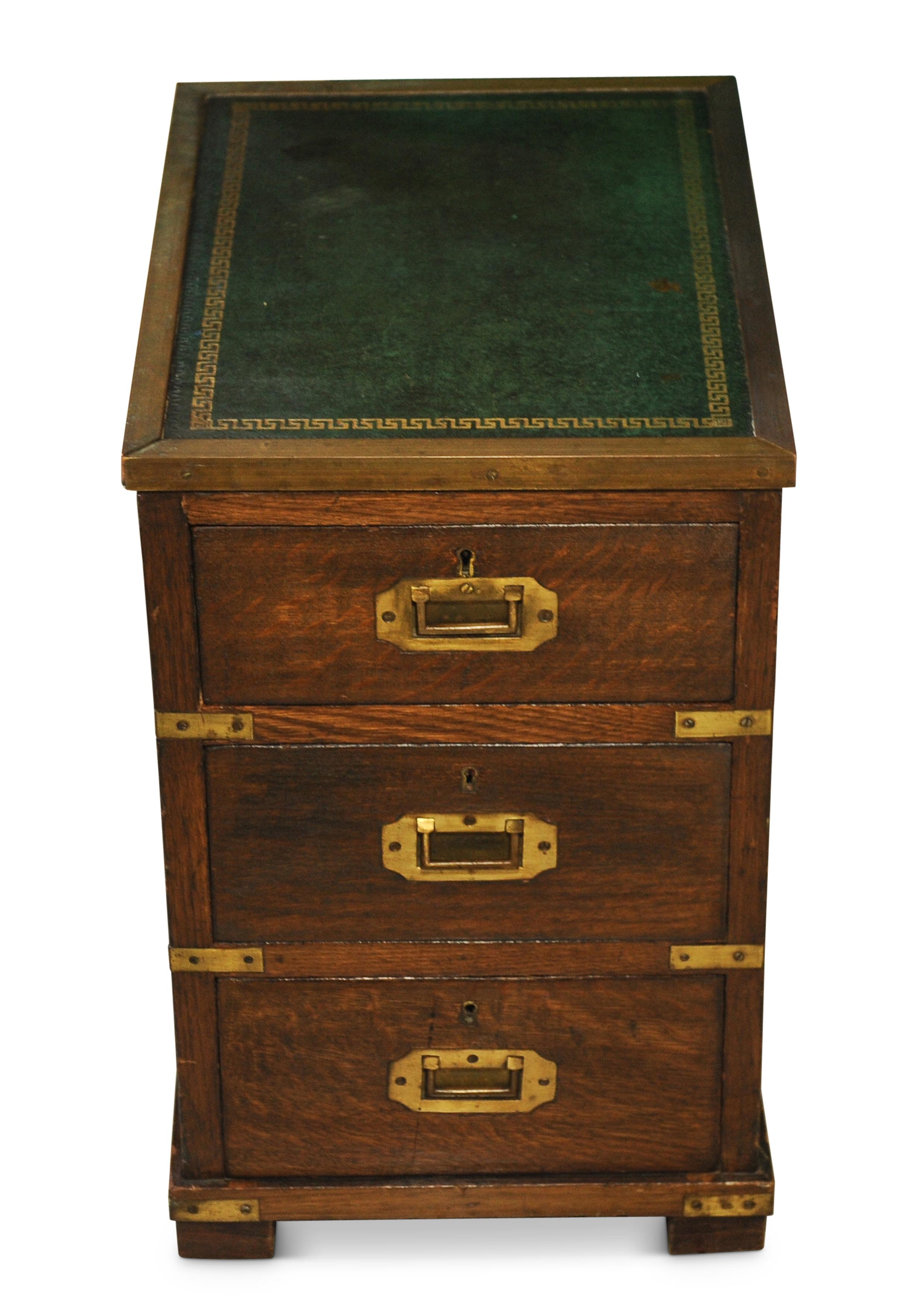 British Victorian Military Campaign Chest / Cabinet  Green Leather & Brass Tooled Top For Sale