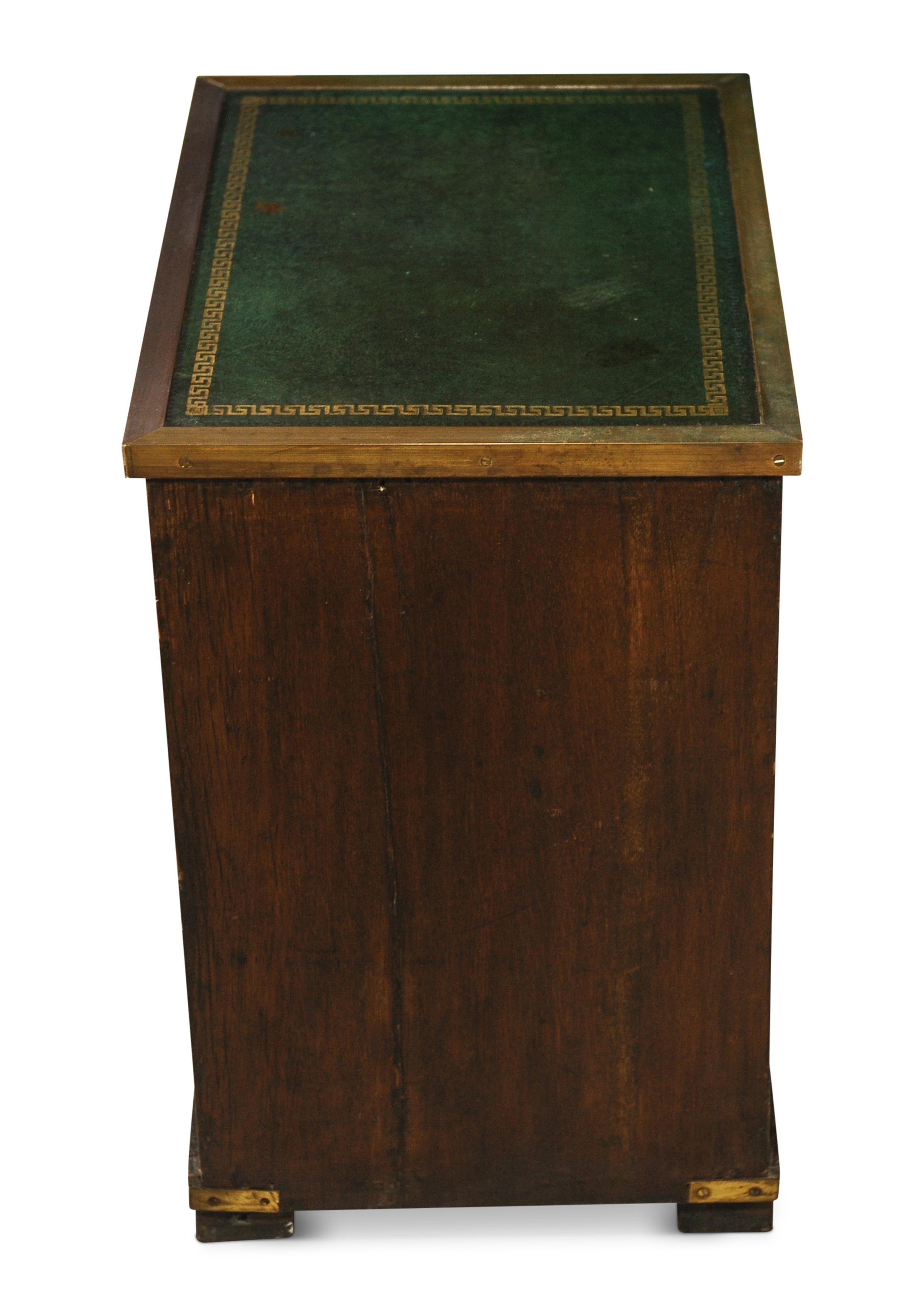 Hand-Crafted Victorian Military Campaign Chest / Cabinet  Green Leather & Brass Tooled Top For Sale