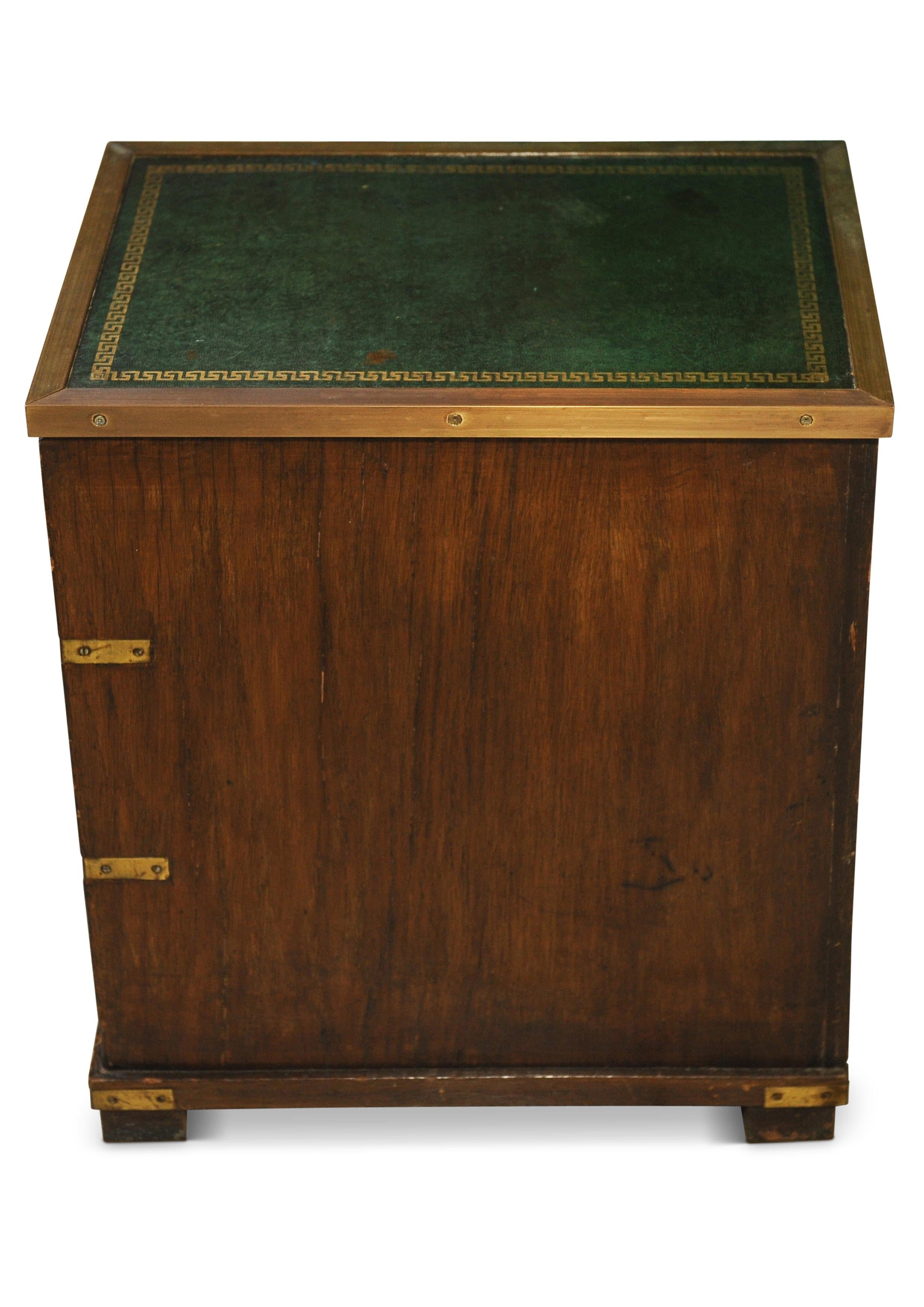 Victorian Military Campaign Chest / Cabinet  Green Leather & Brass Tooled Top In Good Condition For Sale In High Wycombe, GB