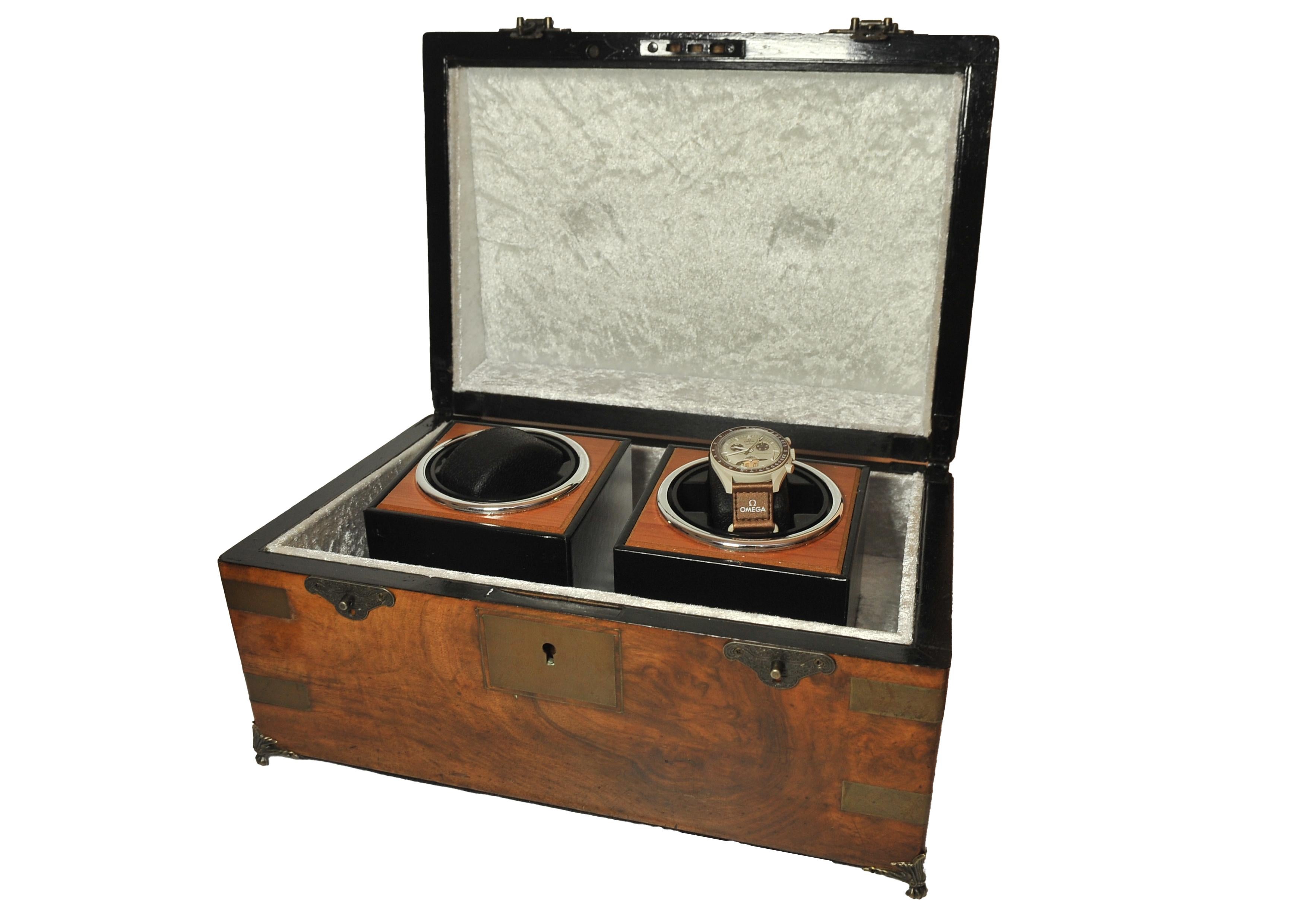 Military Campaign Walnut Brass Bound Double Watch Winder Box for Rolex, Omega For Sale 1