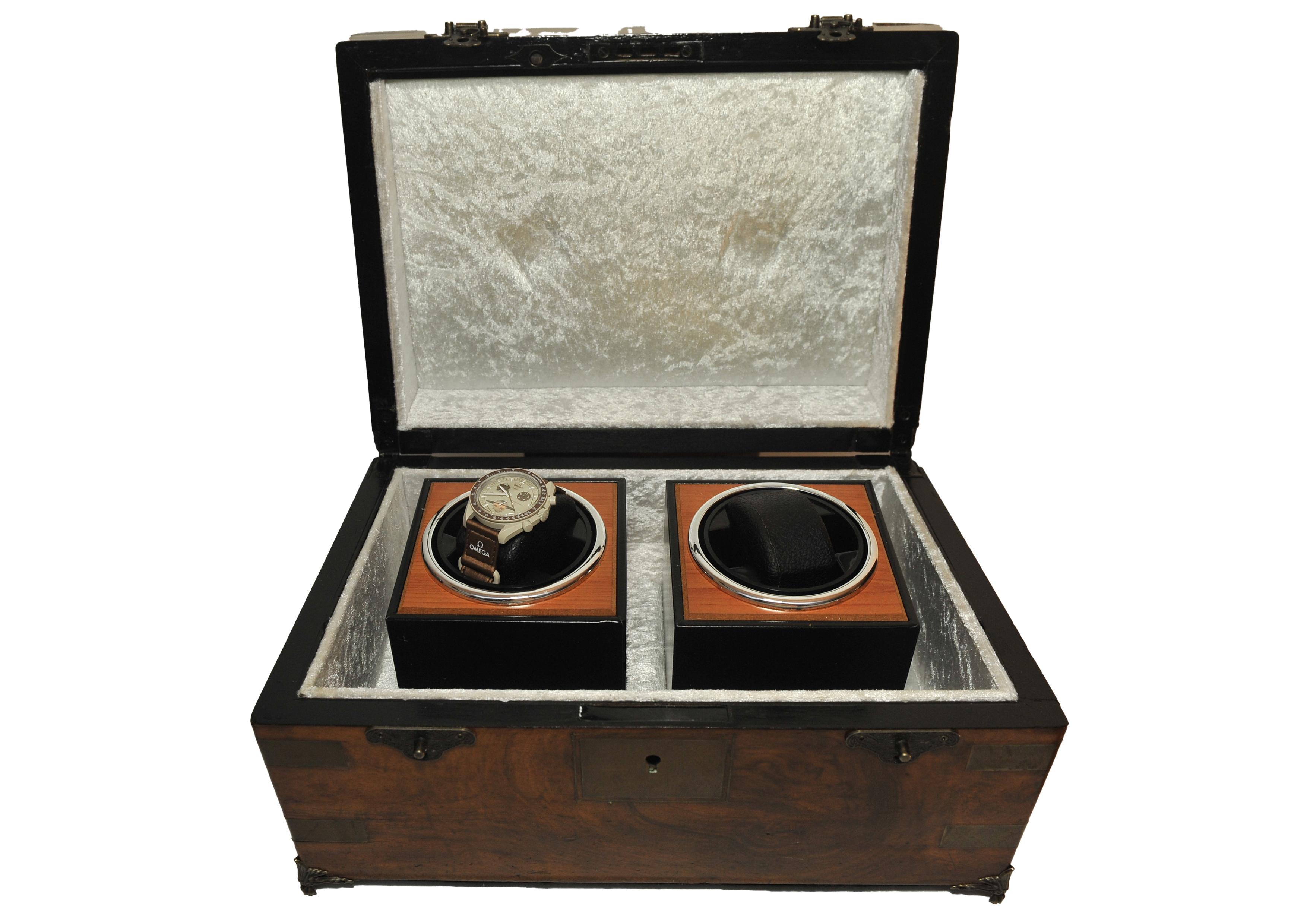 Military Campaign Walnut Brass Bound Double Watch Winder Box for Rolex, Omega For Sale 2