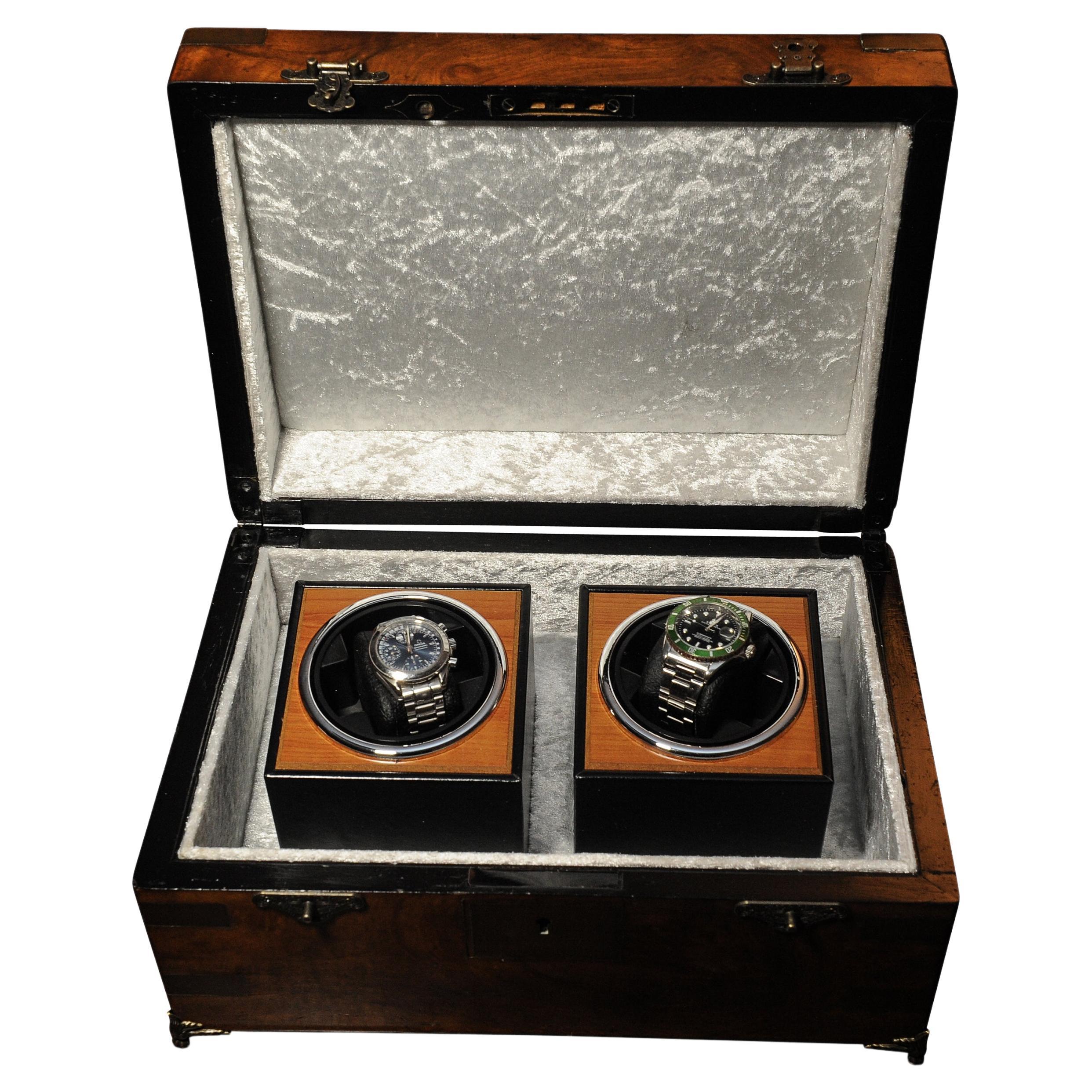 Victorian Military Campaign Walnut Brass Bound Double Watch Winder Box for Rolex, Omega For Sale