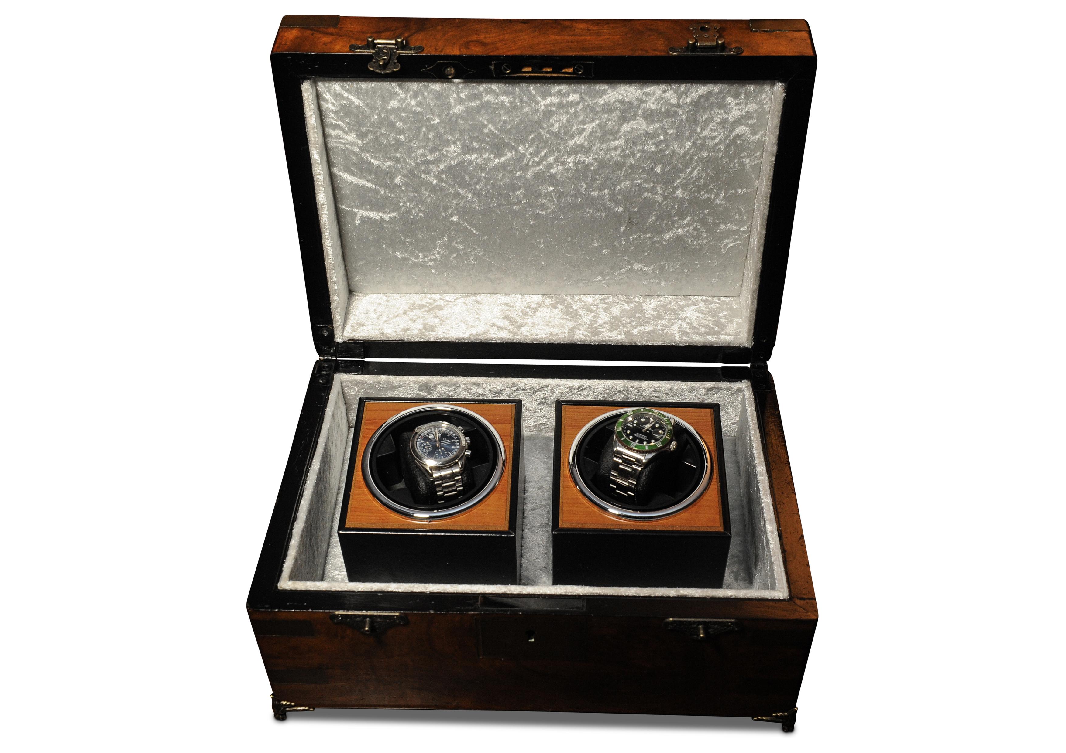 European Military Campaign Walnut Brass Bound Double Watch Winder Box for Rolex, Omega For Sale