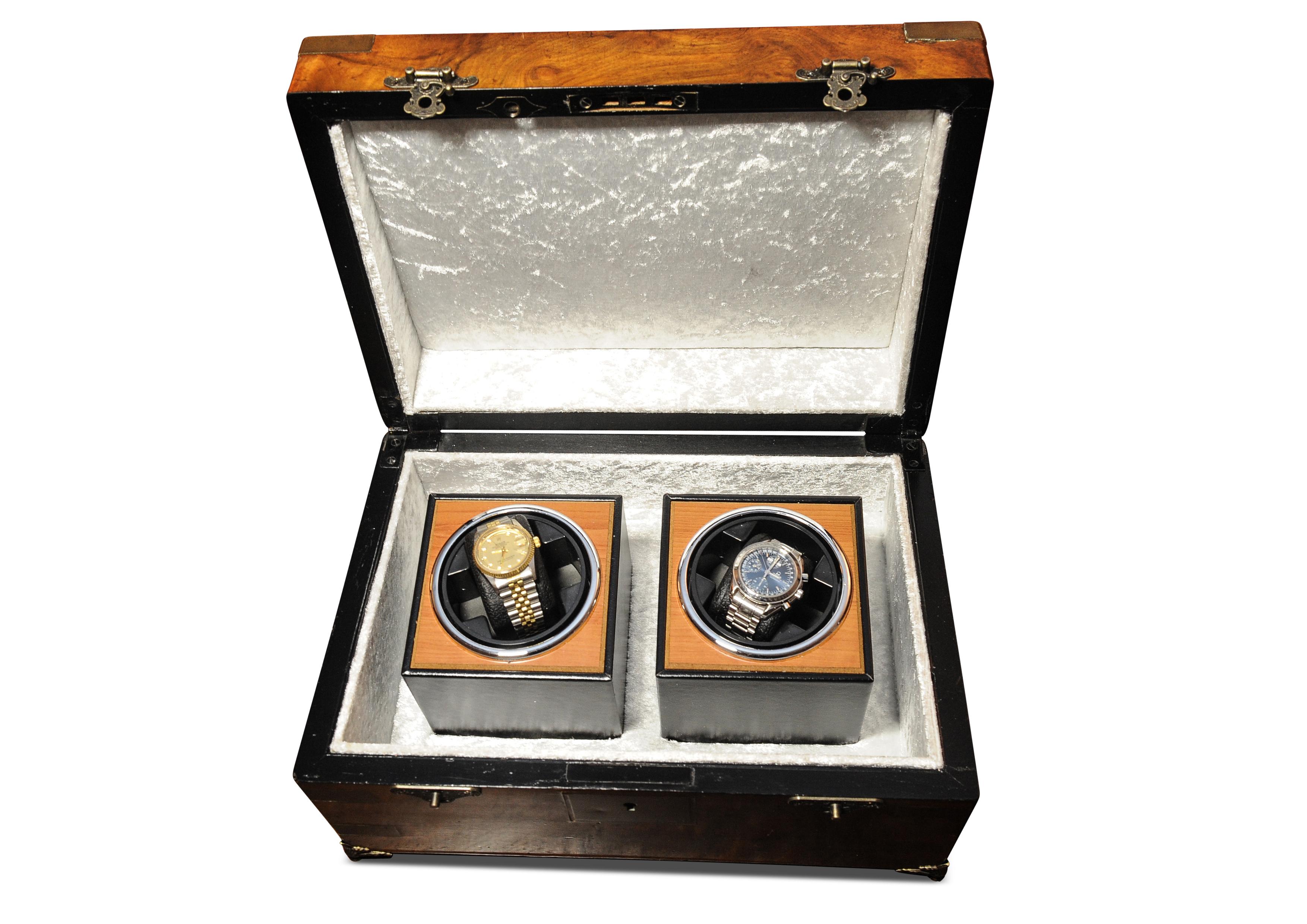 Military Campaign Walnut Brass Bound Double Watch Winder Box for Rolex, Omega In Good Condition For Sale In Reading, Berkshire