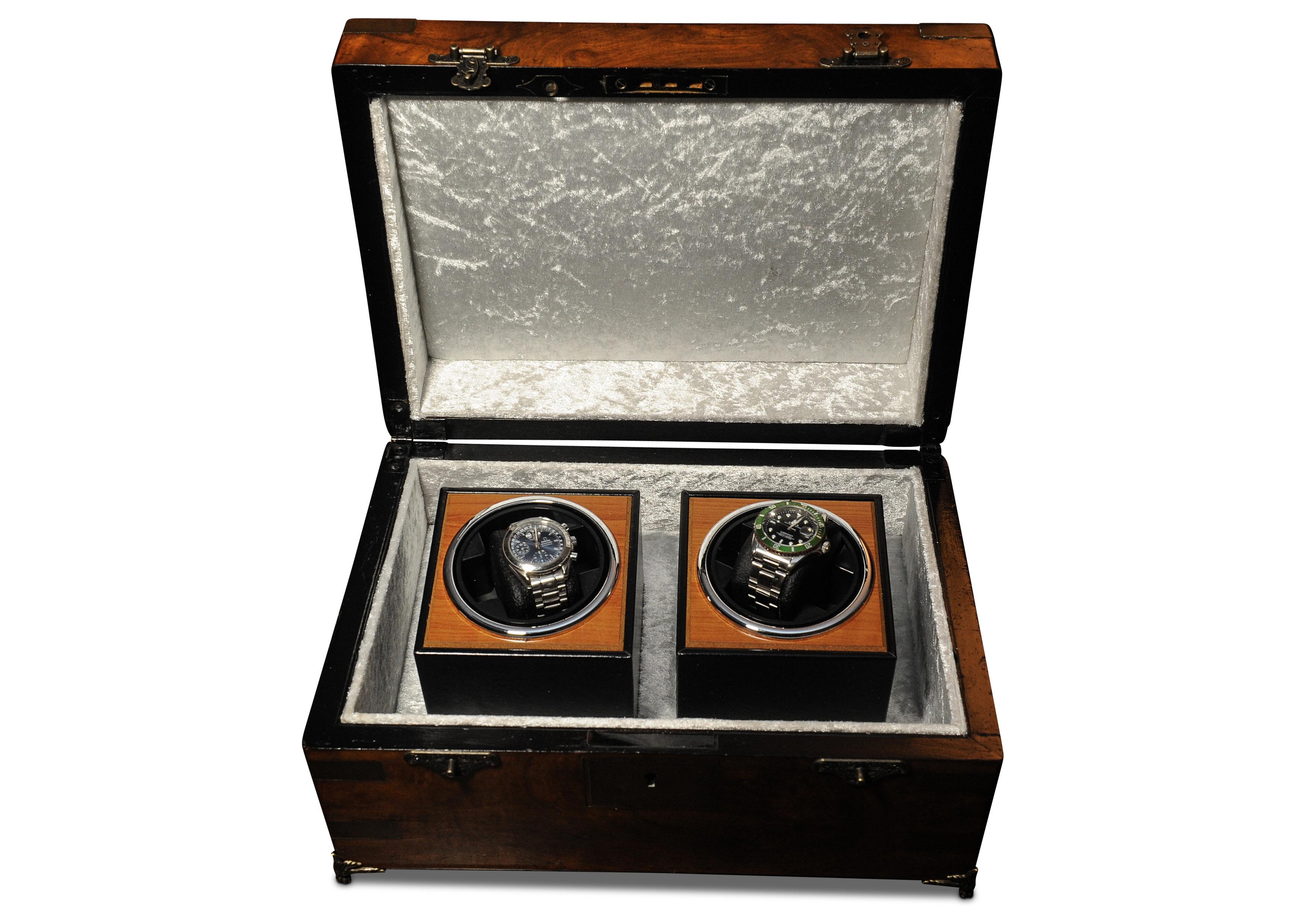 19th Century Military Campaign Walnut Brass Bound Double Watch Winder Box for Rolex, Omega For Sale