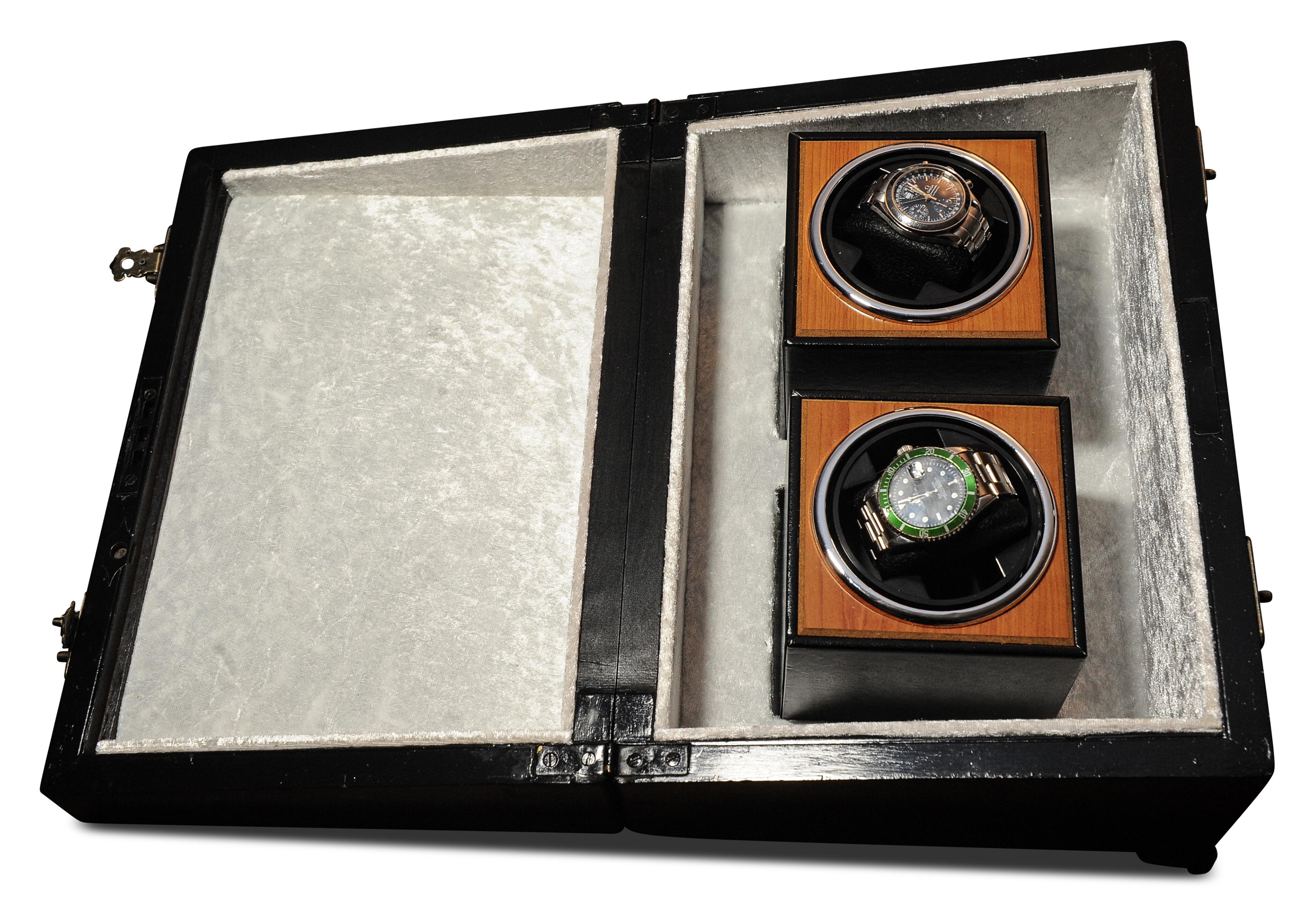 Military Campaign Walnut Brass Bound Double Watch Winder Box for Rolex, Omega In Good Condition For Sale In High Wycombe, GB