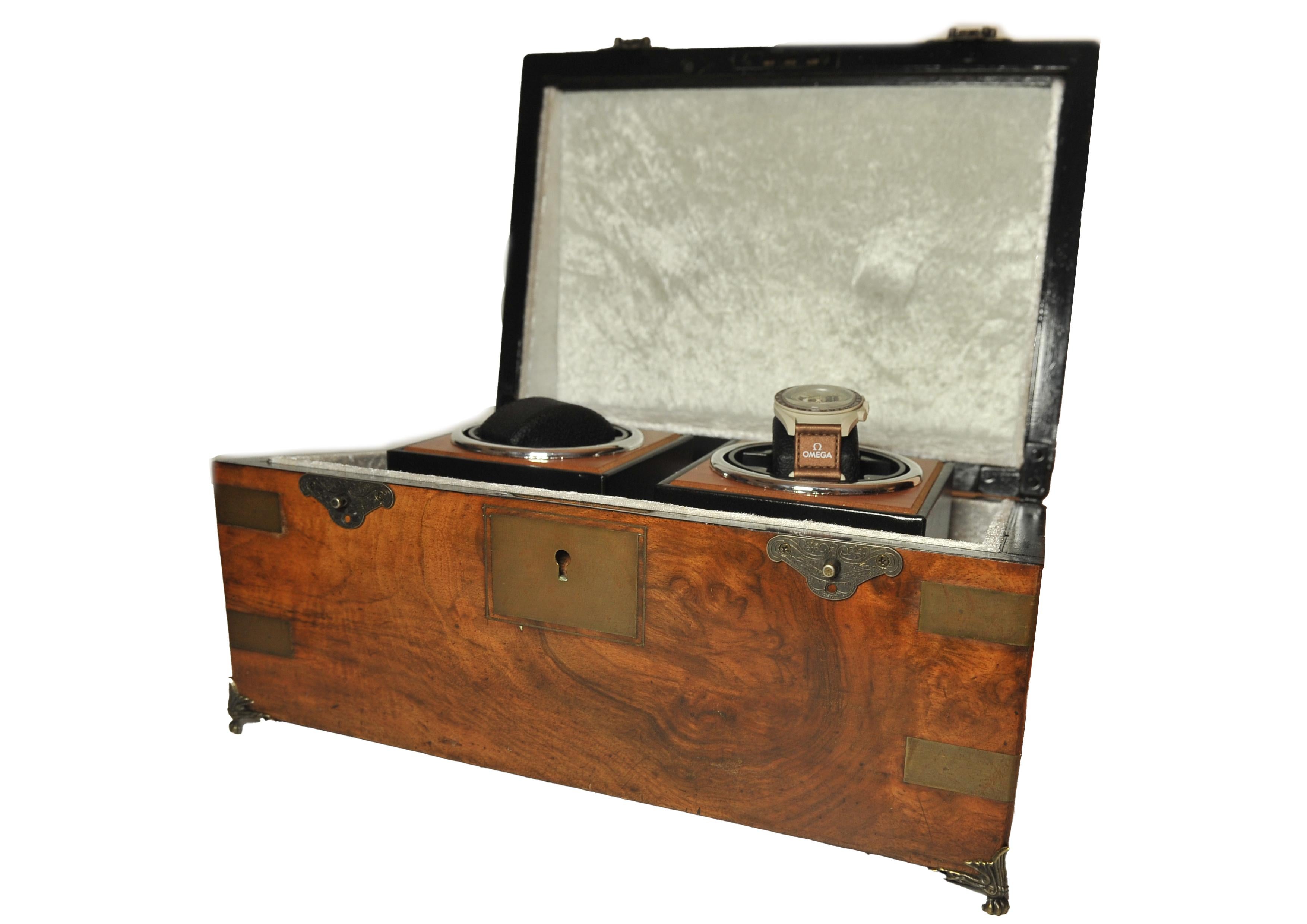 Military Campaign Walnut Brass Bound Double Watch Winder Box for Rolex, Omega For Sale