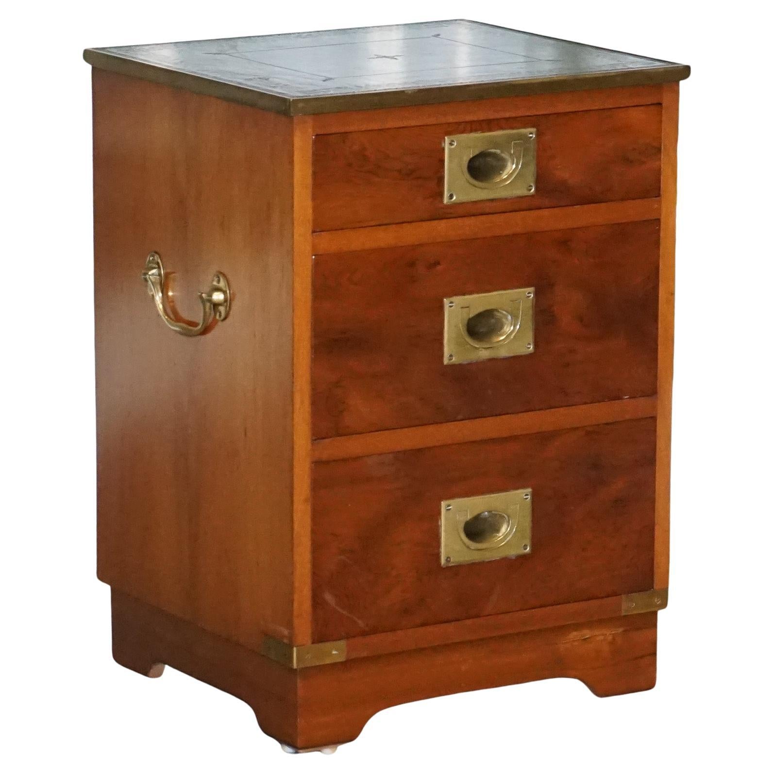 Military Campaign Yew Wood Bedside Nightstand End Table Green Leather Top For Sale
