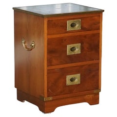 Military Campaign Yew Wood Bedside Nightstand End Table Green Leather Top