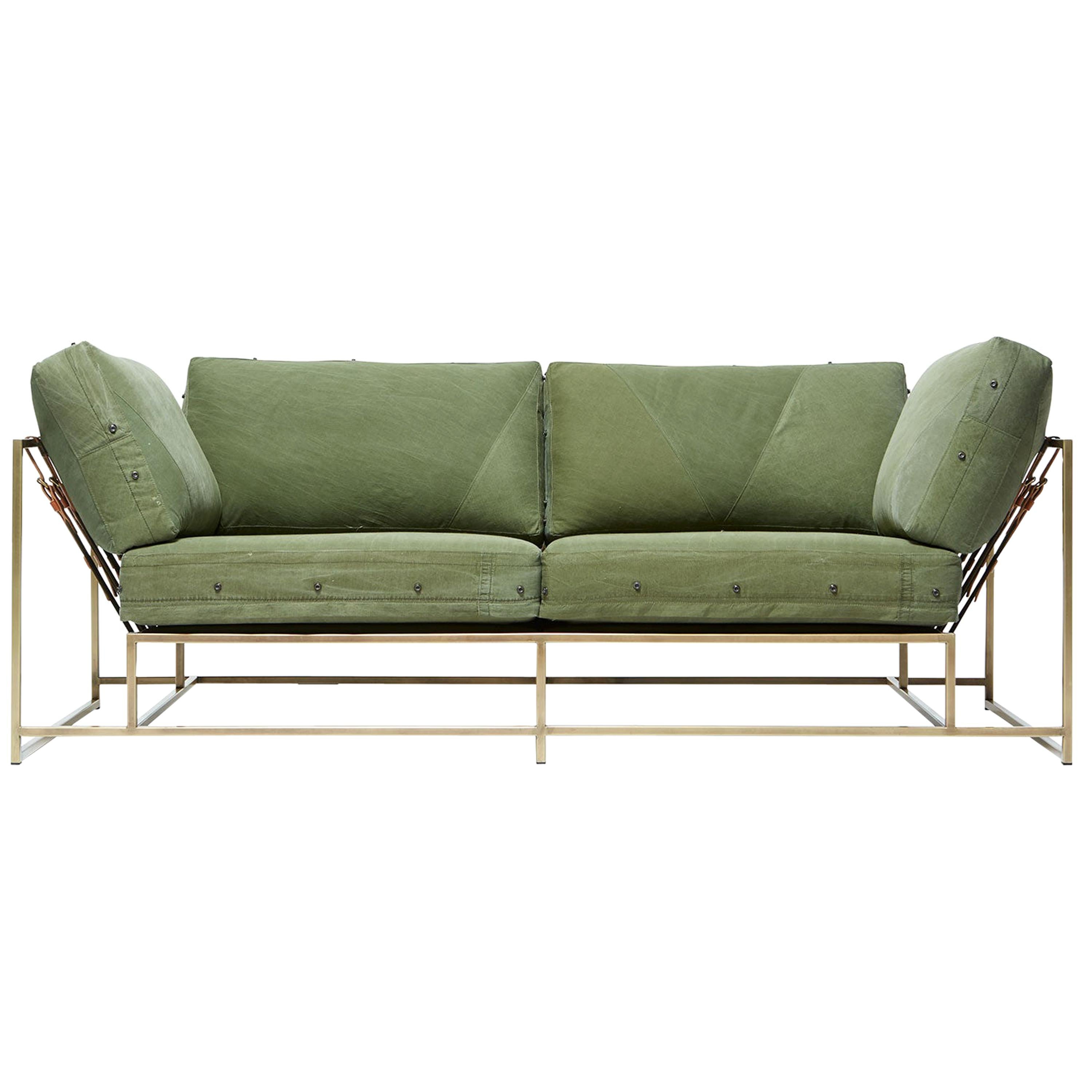 Military Canvas and Antique Brass Two-Seat Sofa and Bench For Sale