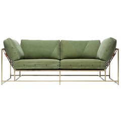 Military Canvas and Antique Brass Two-Seat Sofa and Bench