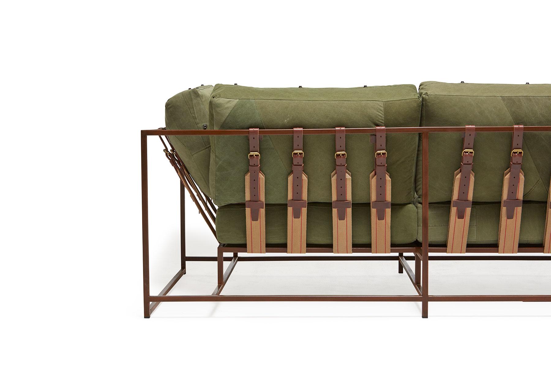 Modern Military Canvas and Antique Copper Sofa For Sale