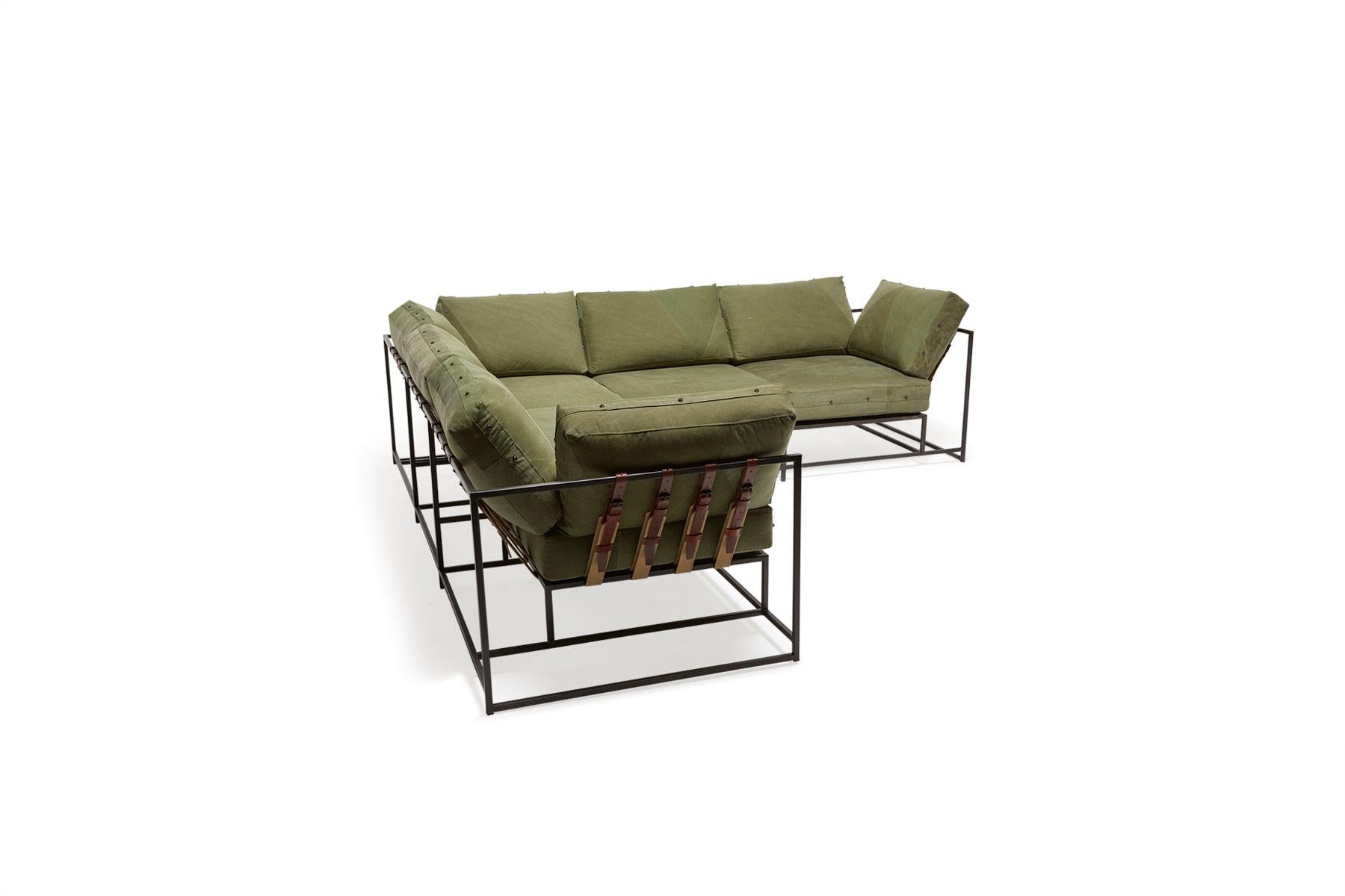 Modern Military Canvas and Blackened Steel Large Sectional For Sale