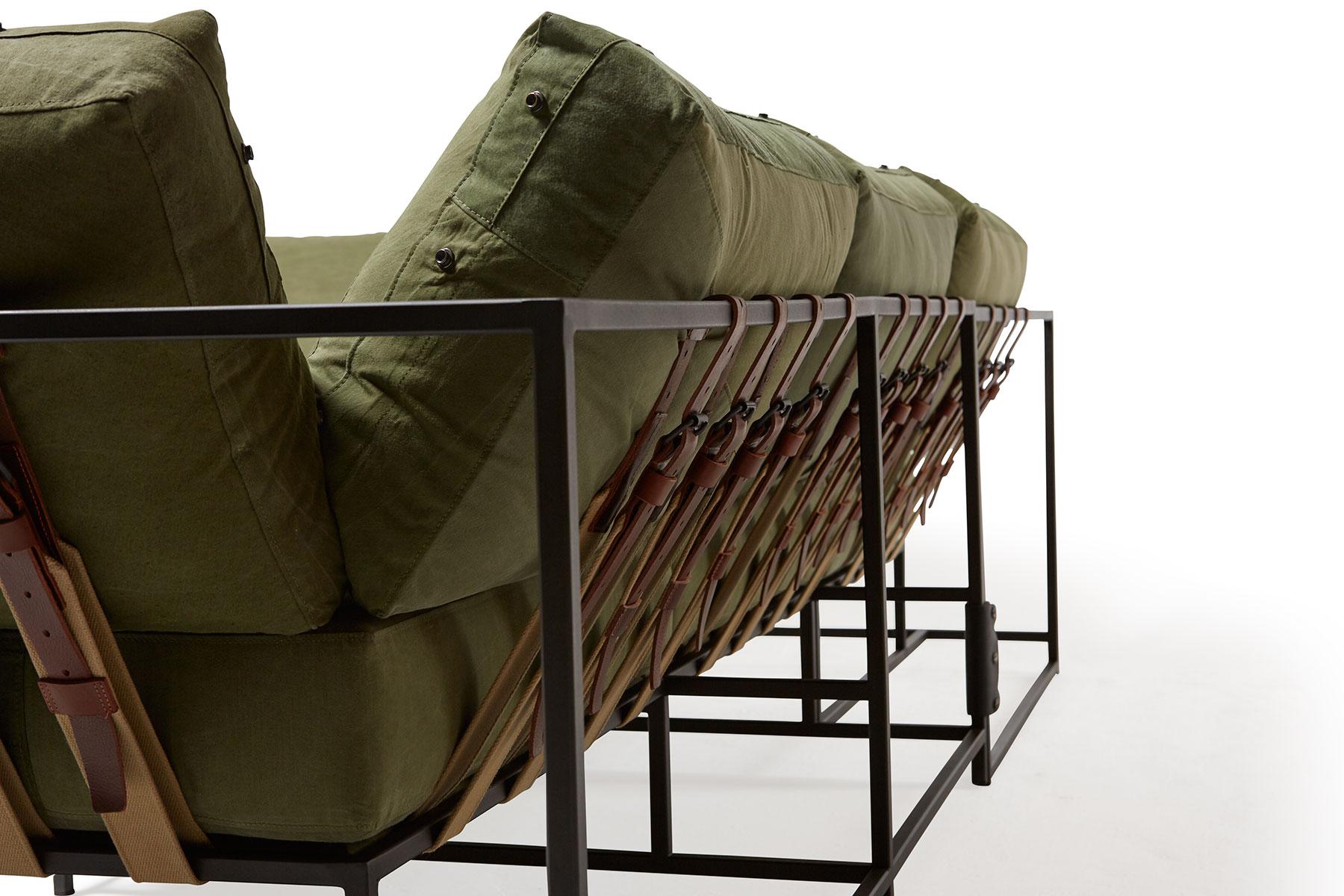 American Military Canvas and Blackened Steel Large Sectional For Sale