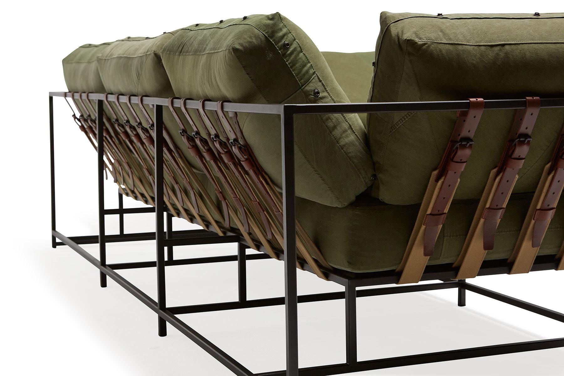 Metalwork Military Canvas and Blackened Steel Large Sectional For Sale