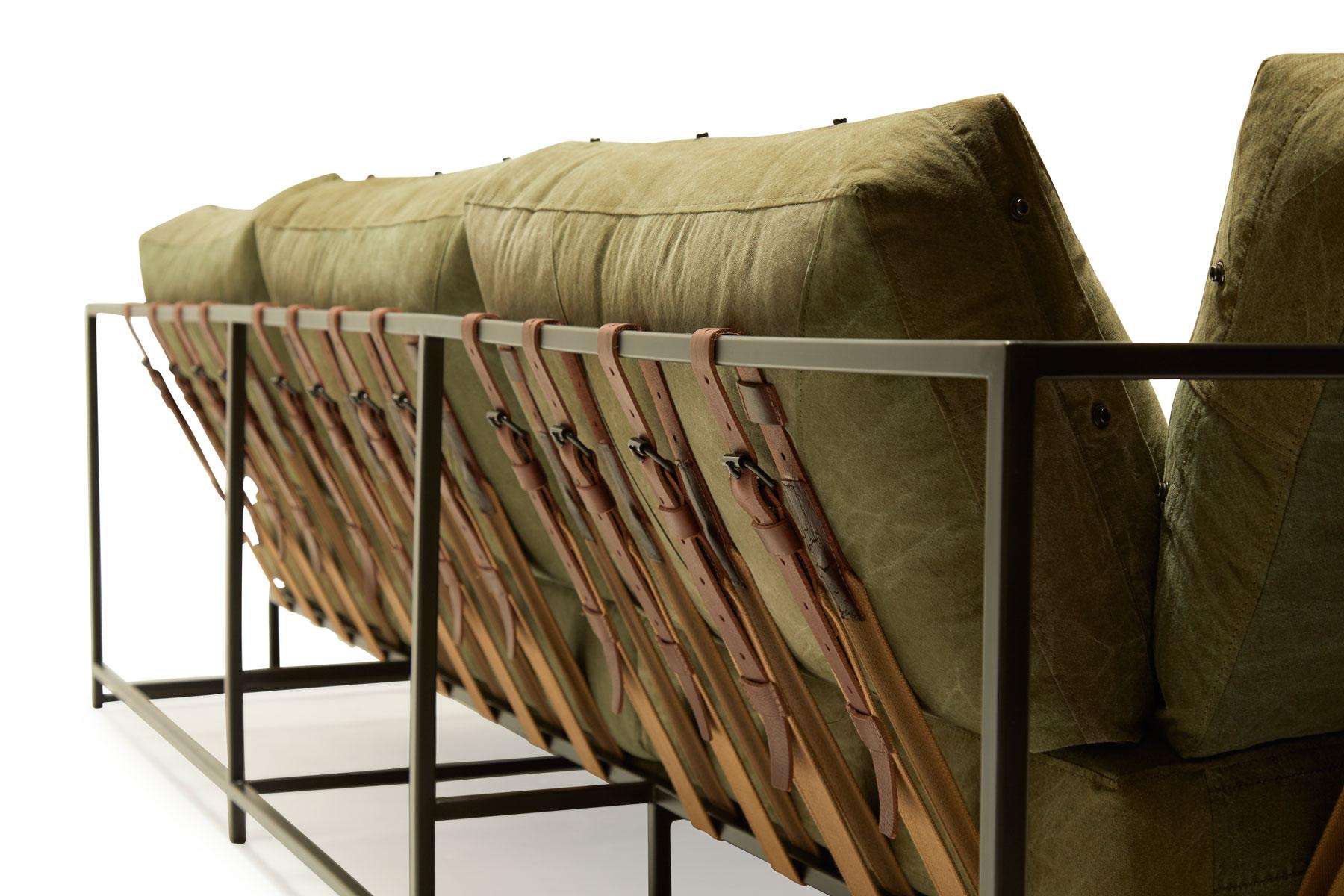 Metalwork Military Canvas and Blackened Steel Sofa V2 For Sale