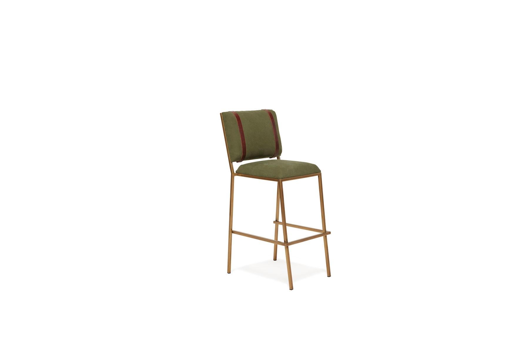 Modern Military Canvas & Antique Brass Barstool For Sale