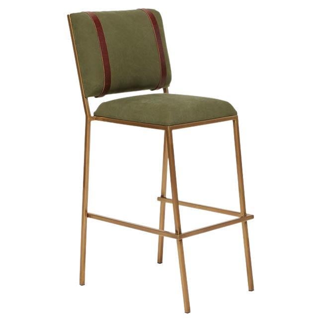 Military Canvas & Antique Brass Barstool For Sale