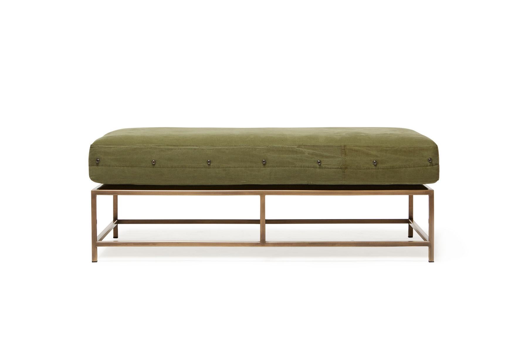 Modern Military Canvas and Antique Brass Two-Seat Sofa and Bench For Sale