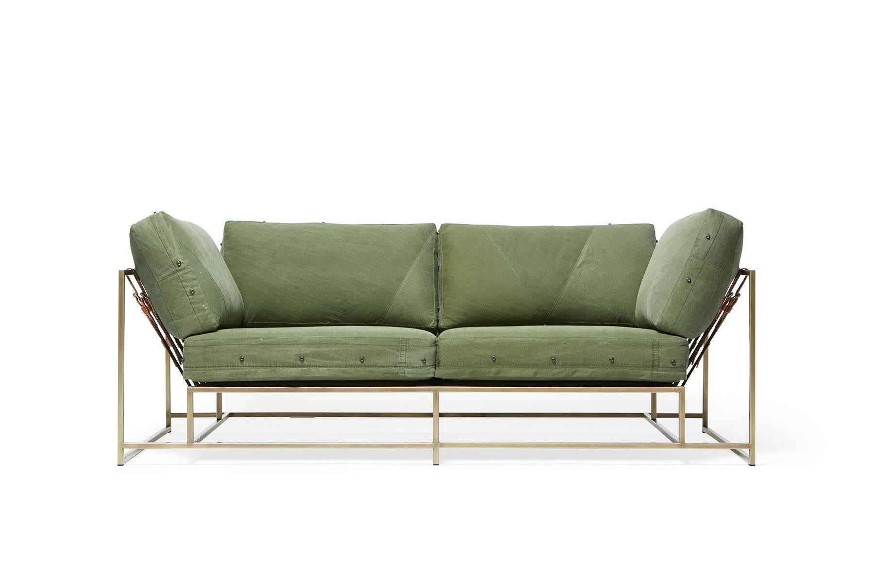 Military Canvas And Antique Brass Two Seat Sofa And Bench For Sale