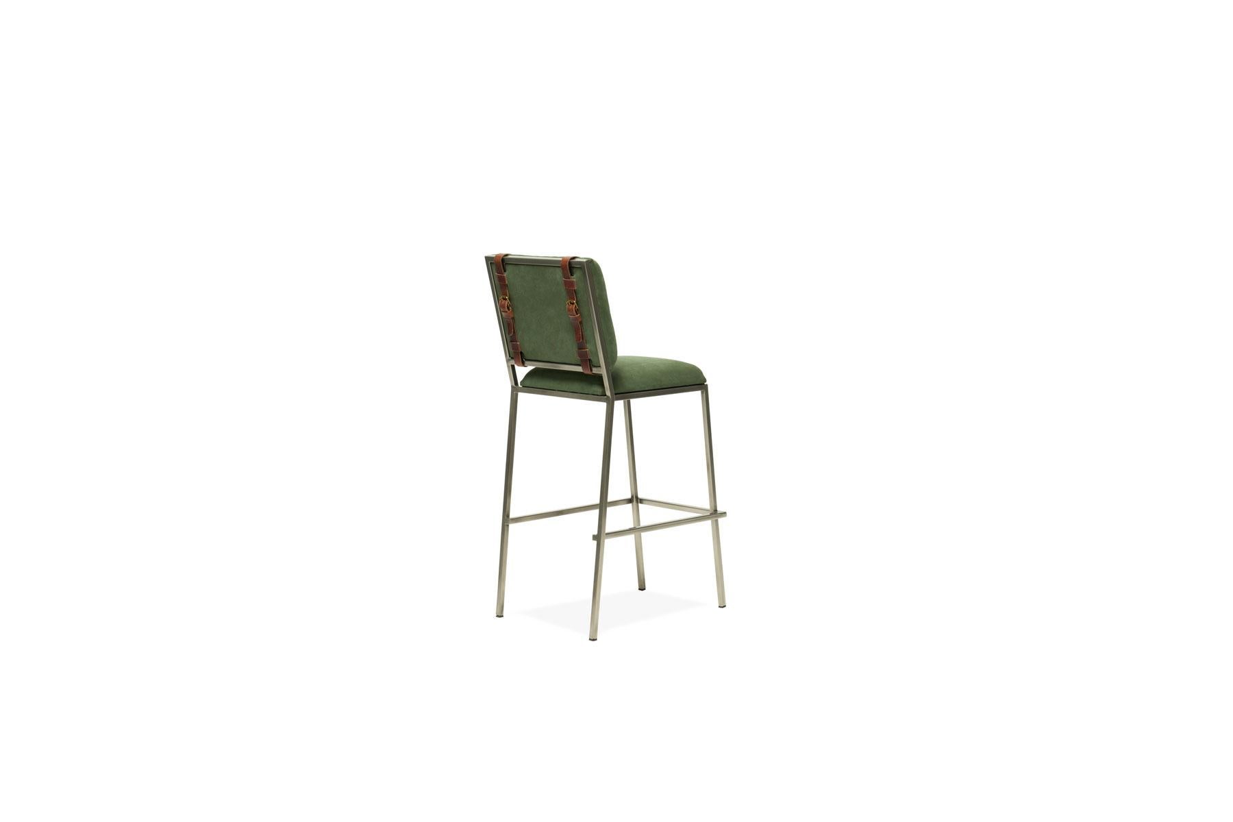 Metalwork Military Canvas & Antique Nickel Barstool For Sale