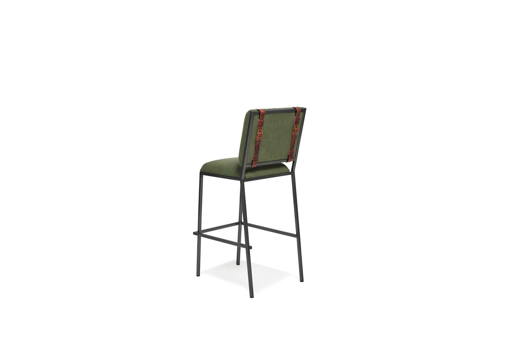 Plated Military Canvas & Blackened Steel Barstool For Sale