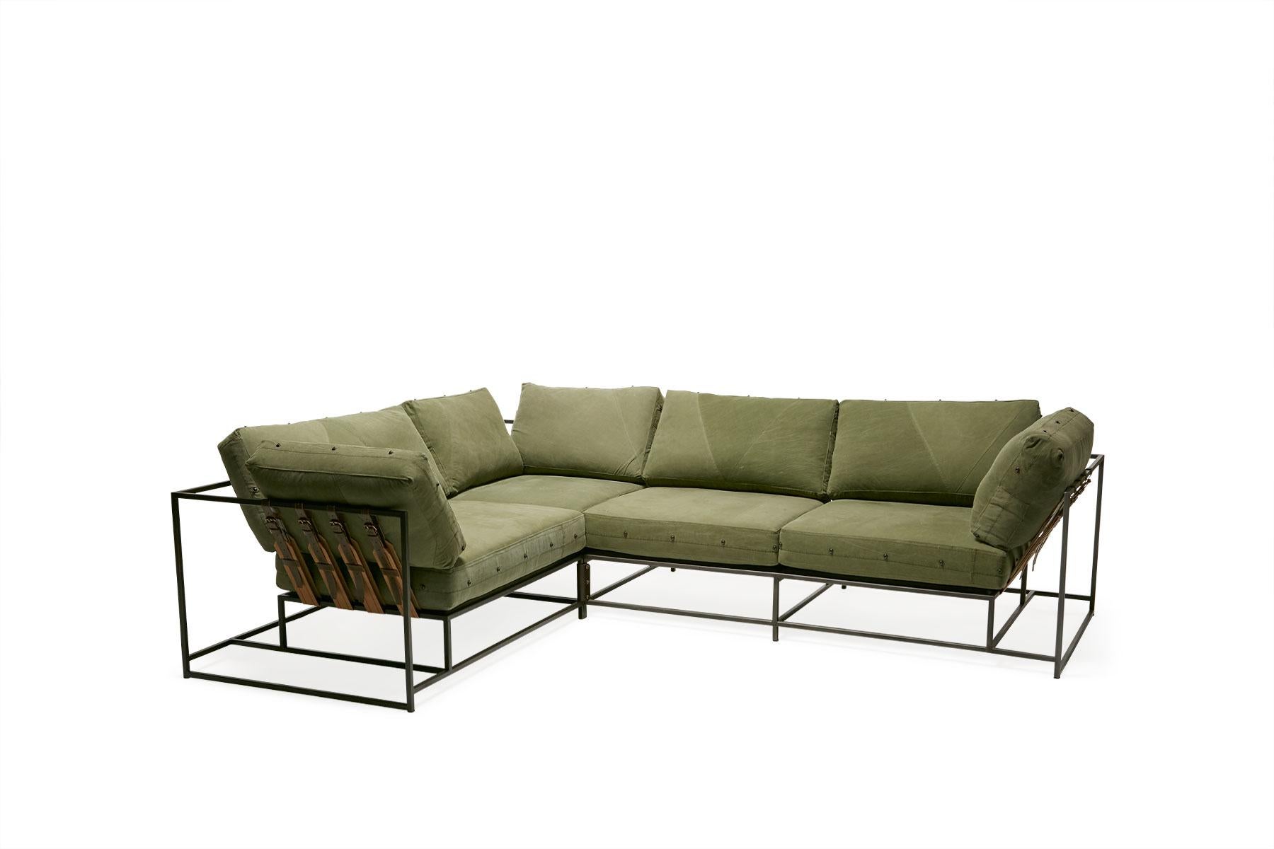 Metalwork Military Canvas & Blackened Steel Medium Sectional For Sale