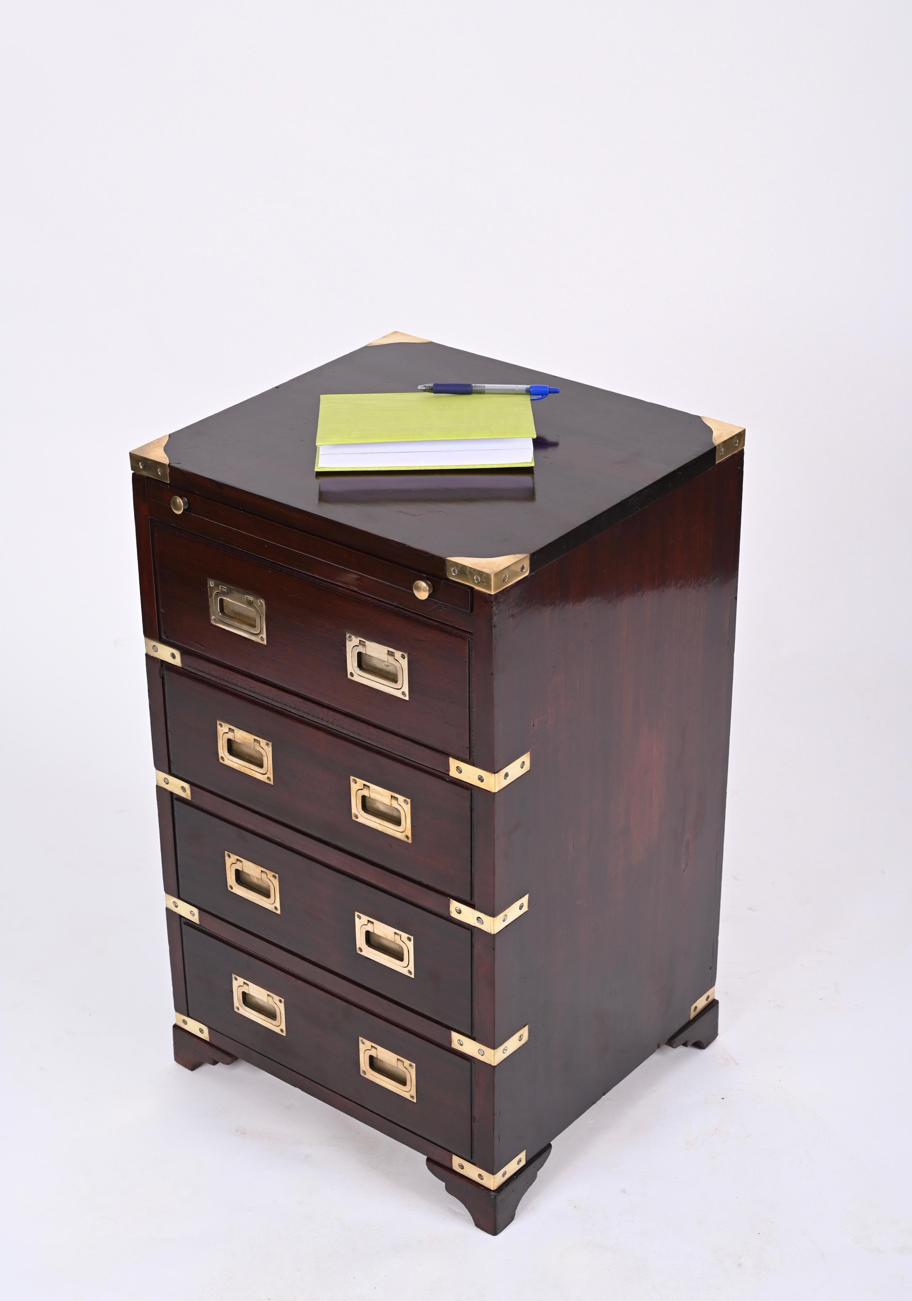 Military Chest of Drawers, Wood and Brass with Writing Desk, England, 1950s 4