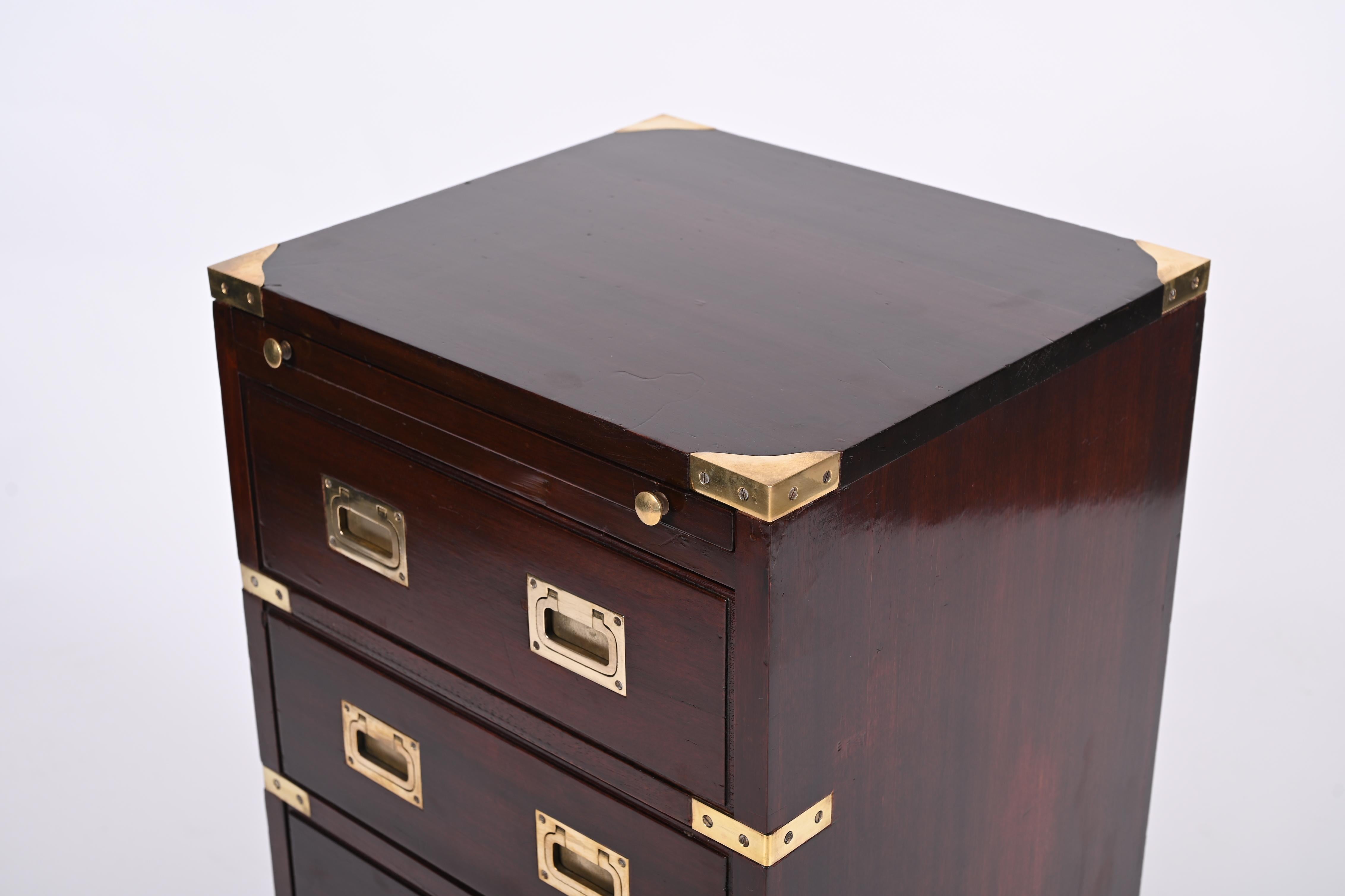 Military Chest of Drawers, Wood and Brass with Writing Desk, England, 1950s 7