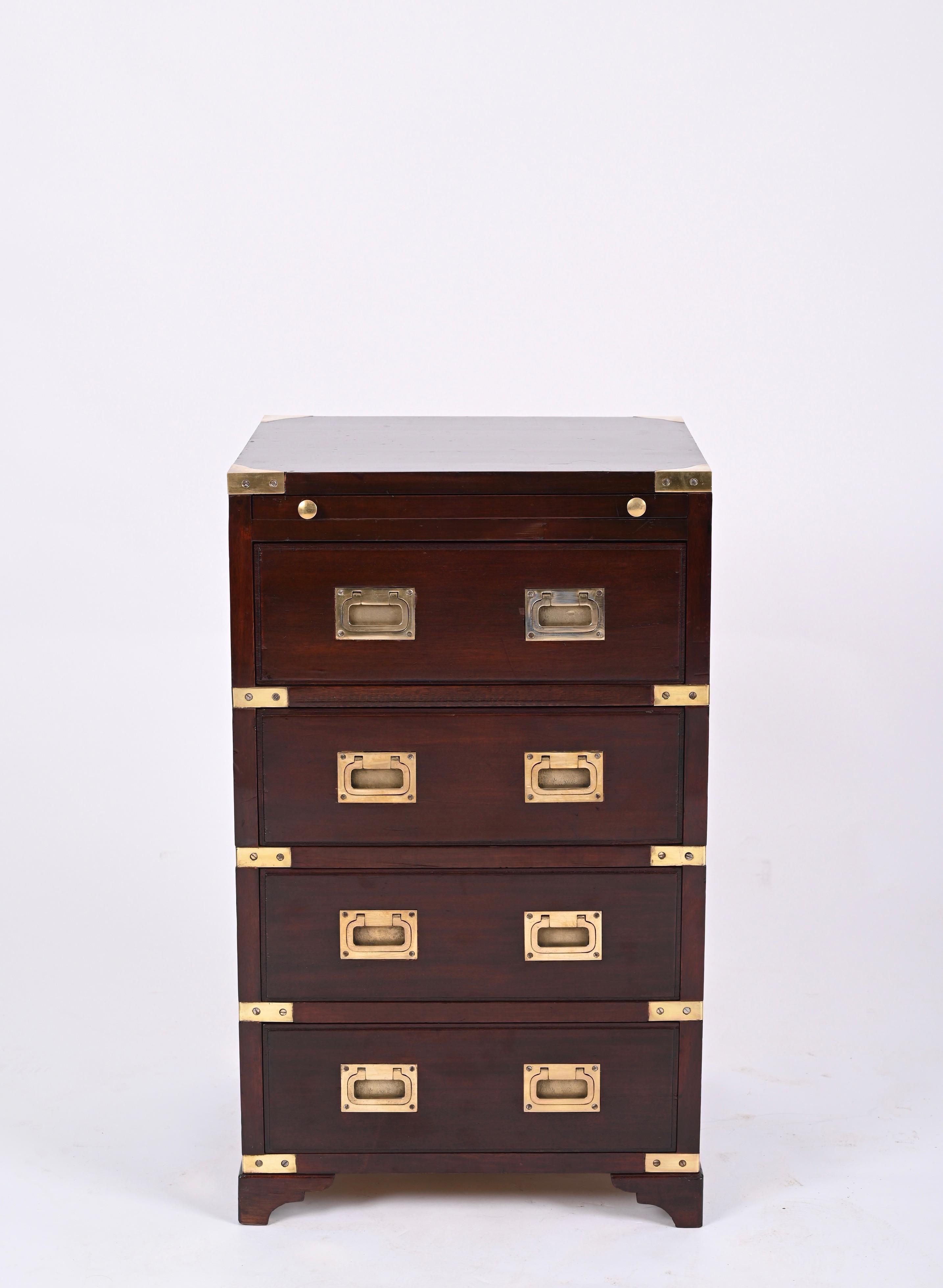 Military Chest of Drawers, Wood and Brass with Writing Desk, England, 1950s 8
