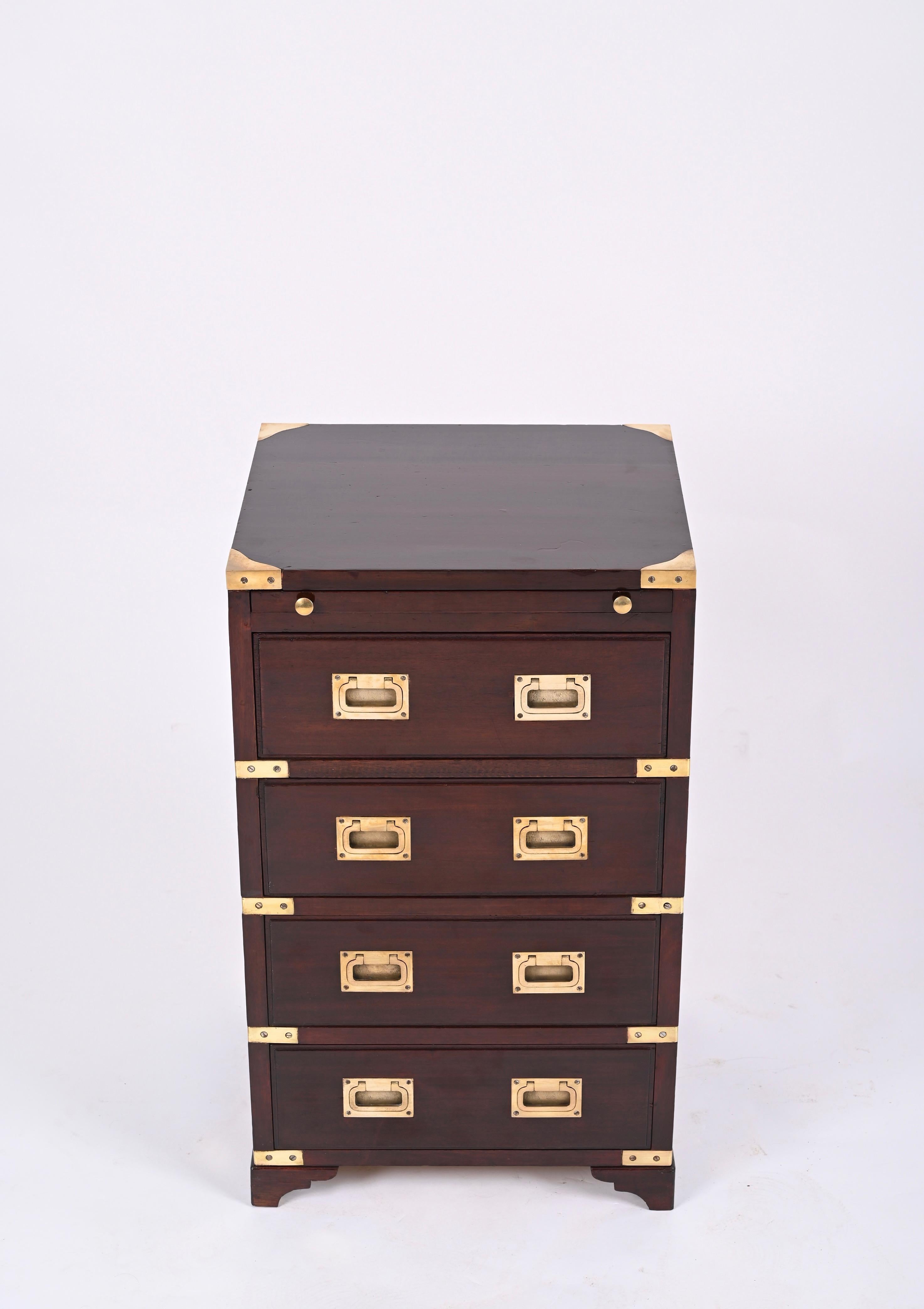 English Military Chest of Drawers, Wood and Brass with Writing Desk, England, 1950s