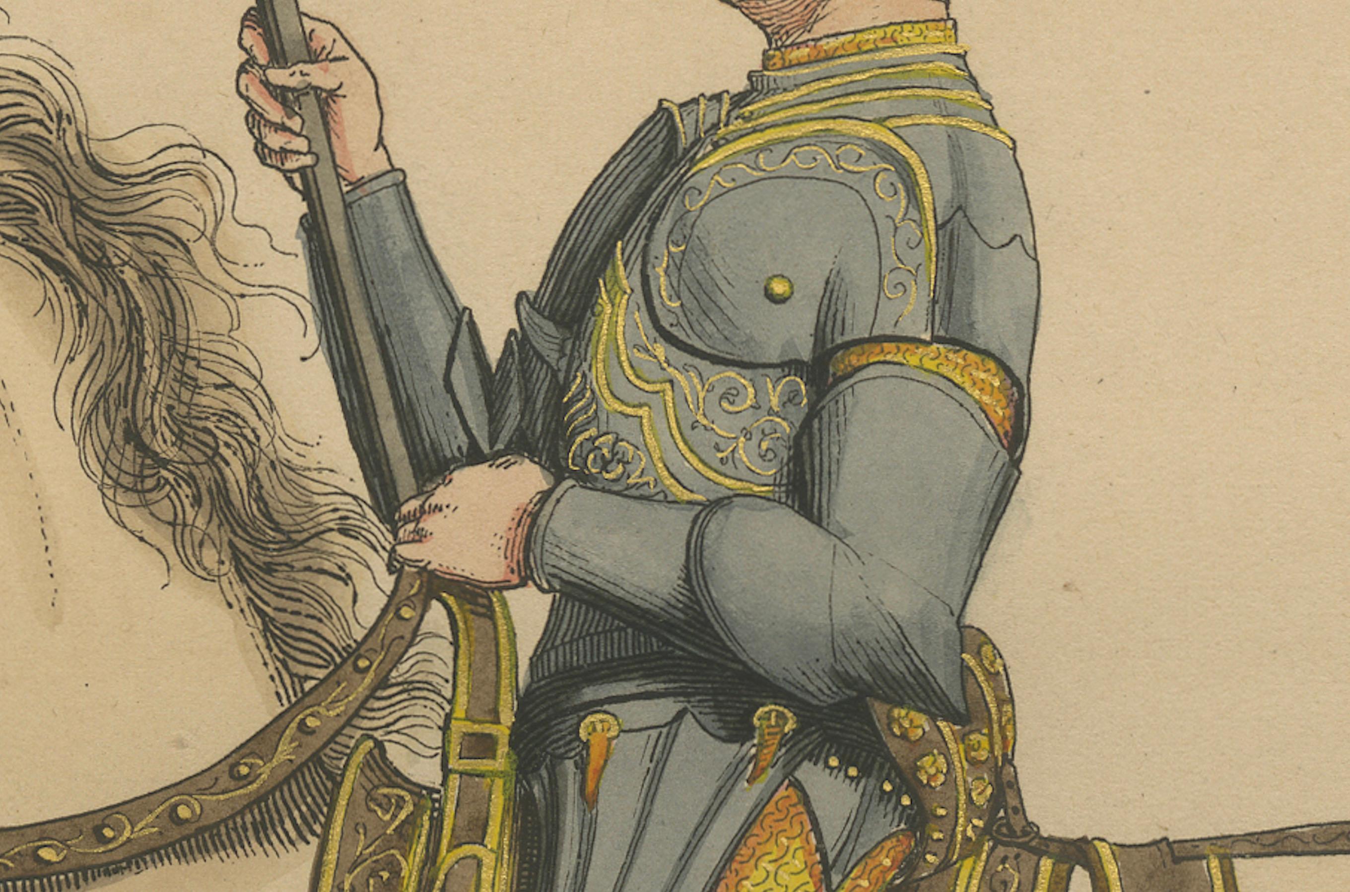Military Costume of Jordan Orsini, Roman Nobleman on Horseback

This striking 19th-century hand-colored print, marked as Plate No. 58, presents Jordan Orsini, a member of one of Rome's most powerful noble families, portrayed in late 15th-century