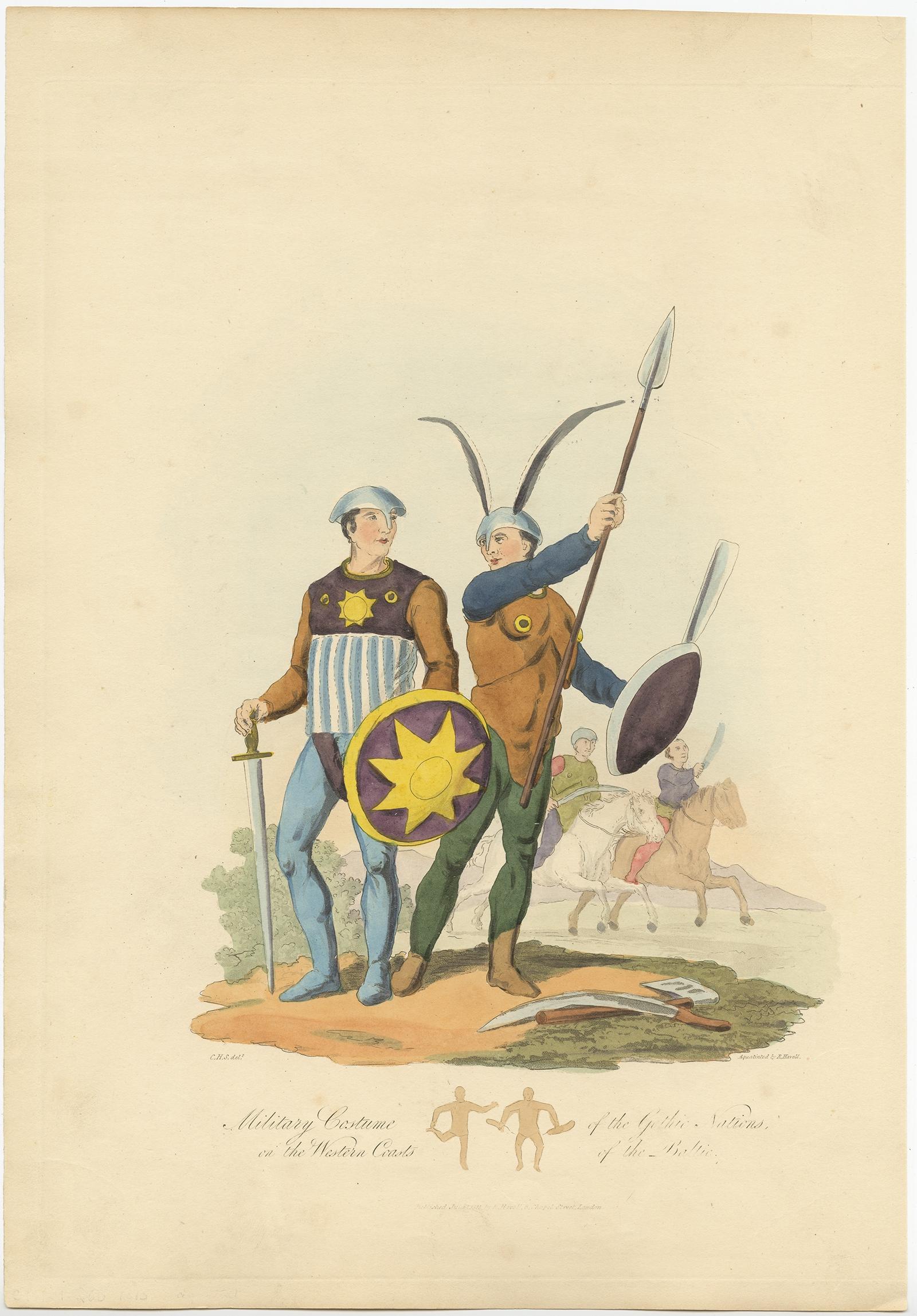 Costume militaire des Nations gothiques sur les côtes occidentales de la Baltique, 1815 Bon état - En vente à Langweer, NL