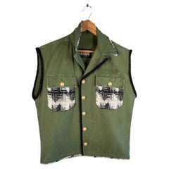 Military Green Used Repurposed Vest Lurex Tweed Gold Buttons J Dauphin Small 