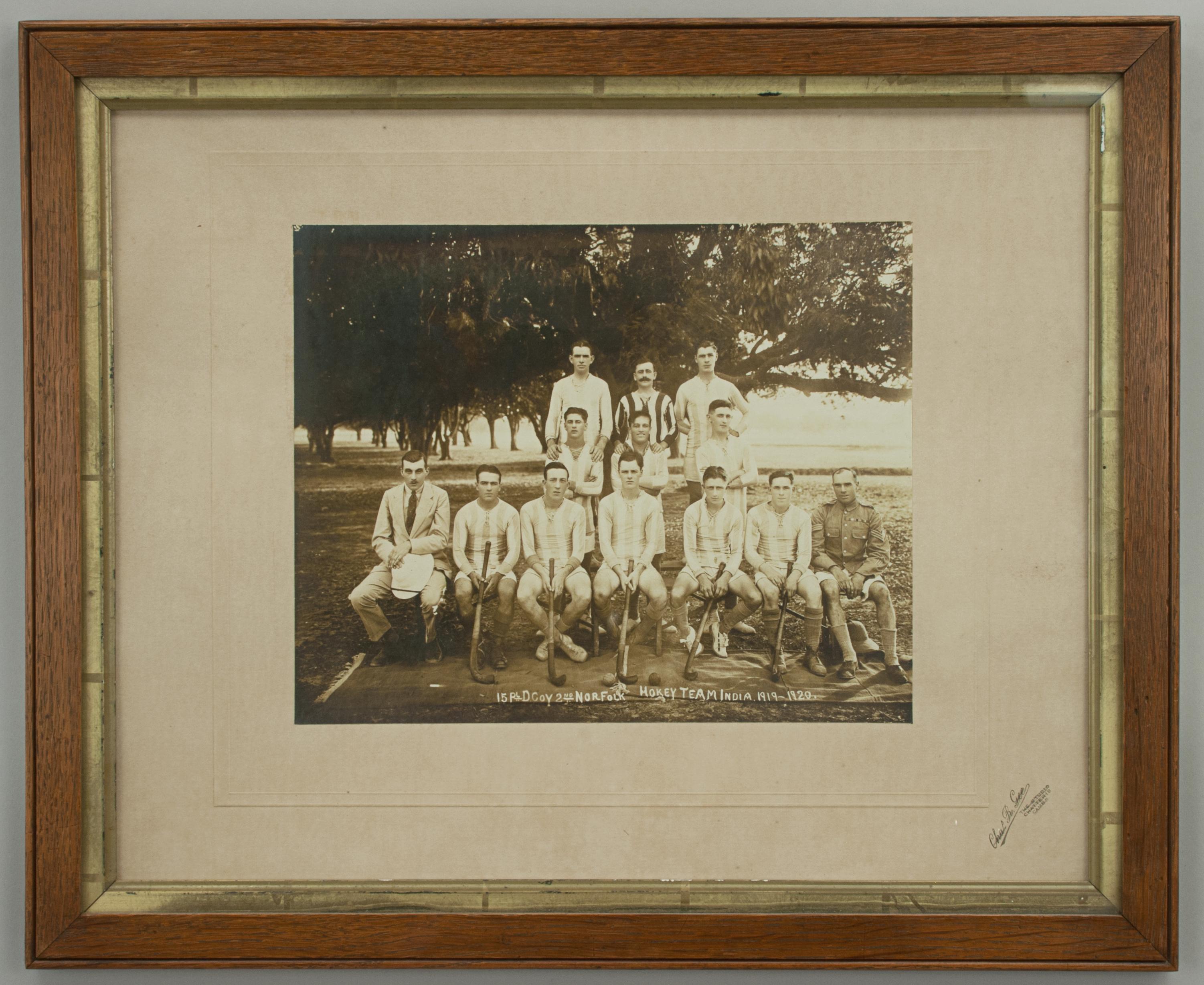Team Photograph, Hockey Team.
A team photograph of a military hockey team in India, 1919 - 1920. The sepia team photo is mounted on the official Cambridge photographers mount 'Charles B. Gee, The Studio, Chatteris, Cambridge'. Across the