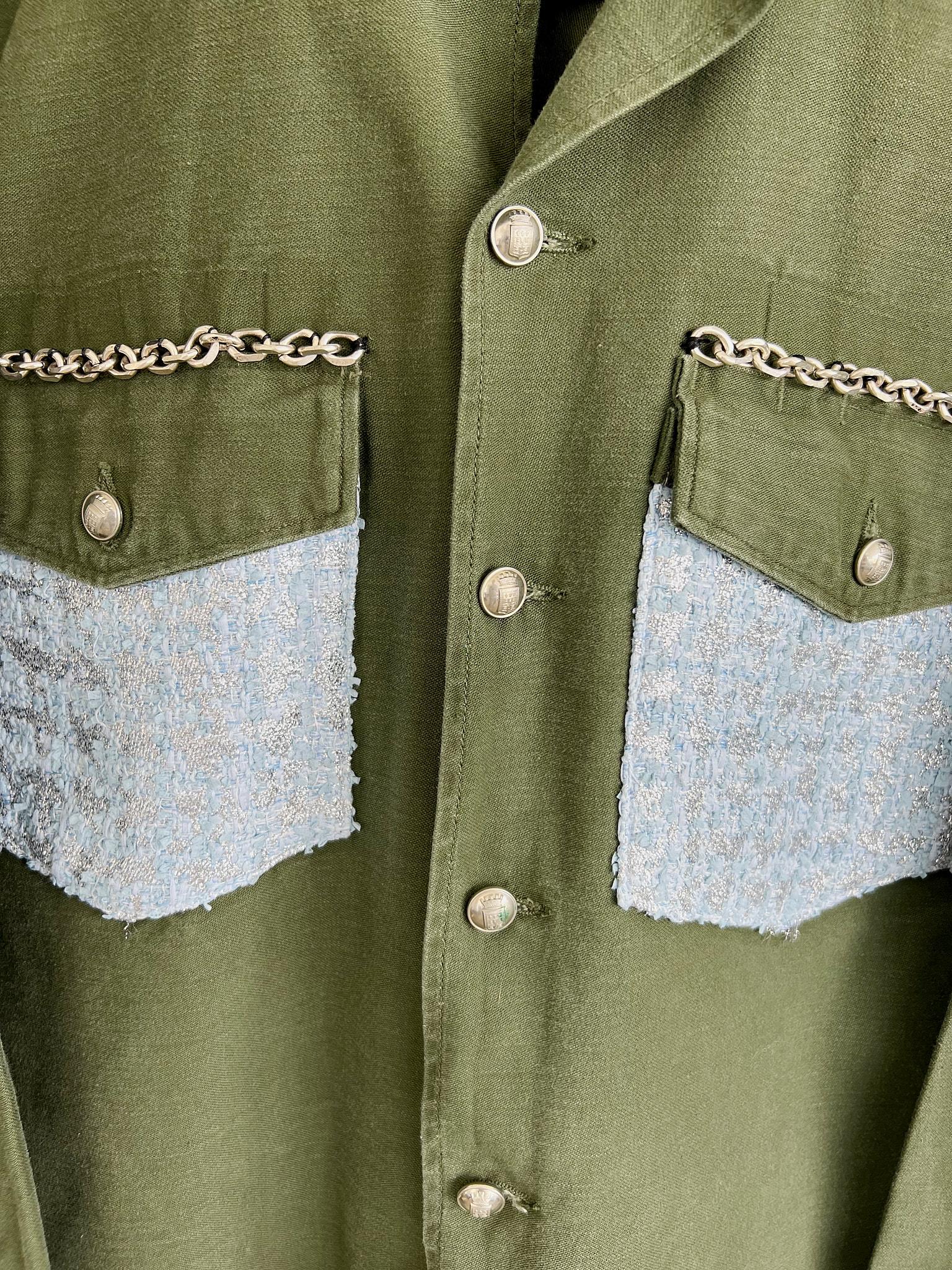 Light Blue Pastel Silver Lurex Tweed Military Jacket Italian Silver Chain 6