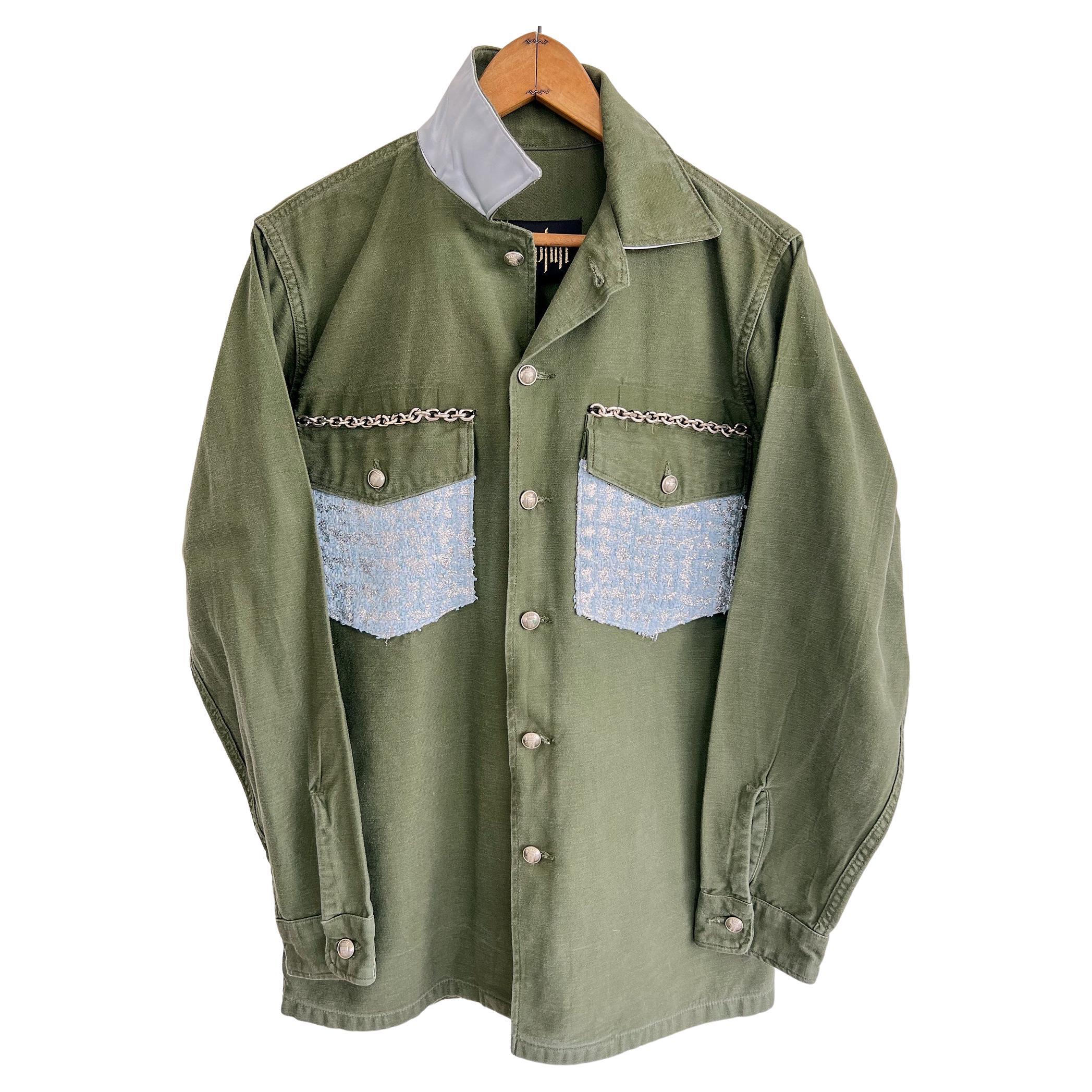 Vintage one of a kind distressed Green Military Jacket with Light Blue Pastel Silver Lurex Tweed Military Jacket Italian Silver Chain, Silver Plated Brass Chain from Italy, Military Silver plated Brass Buttons from Paris
Designer: J Dauphin
Size: