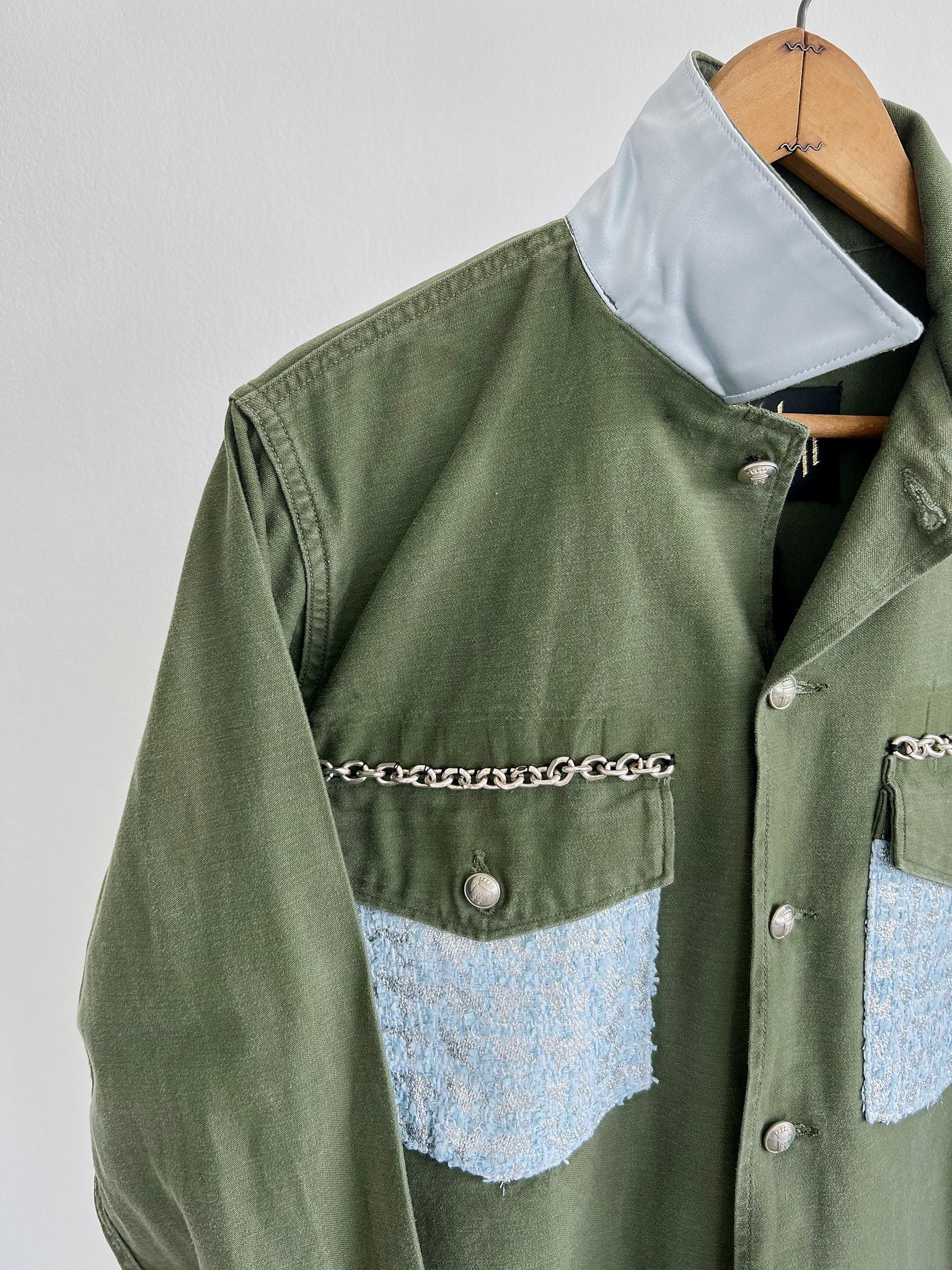 Light Blue Pastel Silver Lurex Tweed Military Jacket Italian Silver Chain In New Condition In Los Angeles, CA