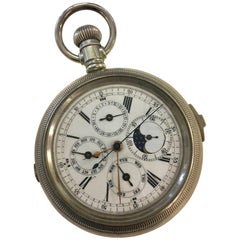 Antique Military Minute Repeater Perpetual Moon Phase Calendar Chronograph Pocket Watch