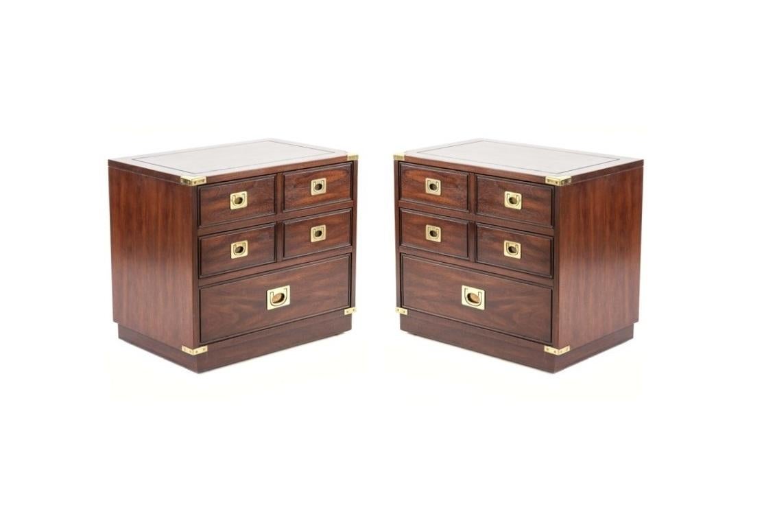 A fine pair of Military Officer's Campaign style nightstands, end tables or small side chests by National Mt. Airy Furniture from their Lancer II Collection. Made in North Carolina, USA, circa 1970's. Each chest showcasing a clean-lined handsome