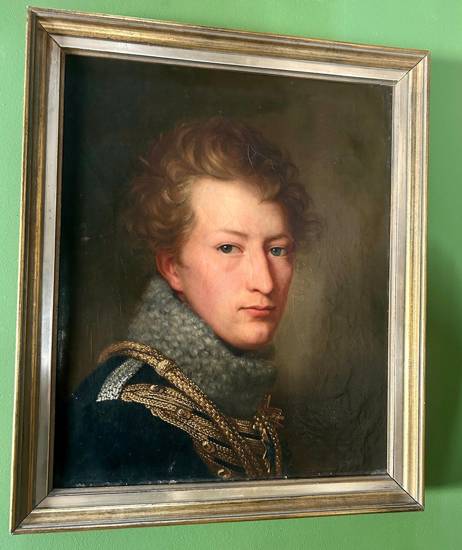 Carved 19th Century Military Oil Painting of Prussian Hussar by August Von Der Embde For Sale